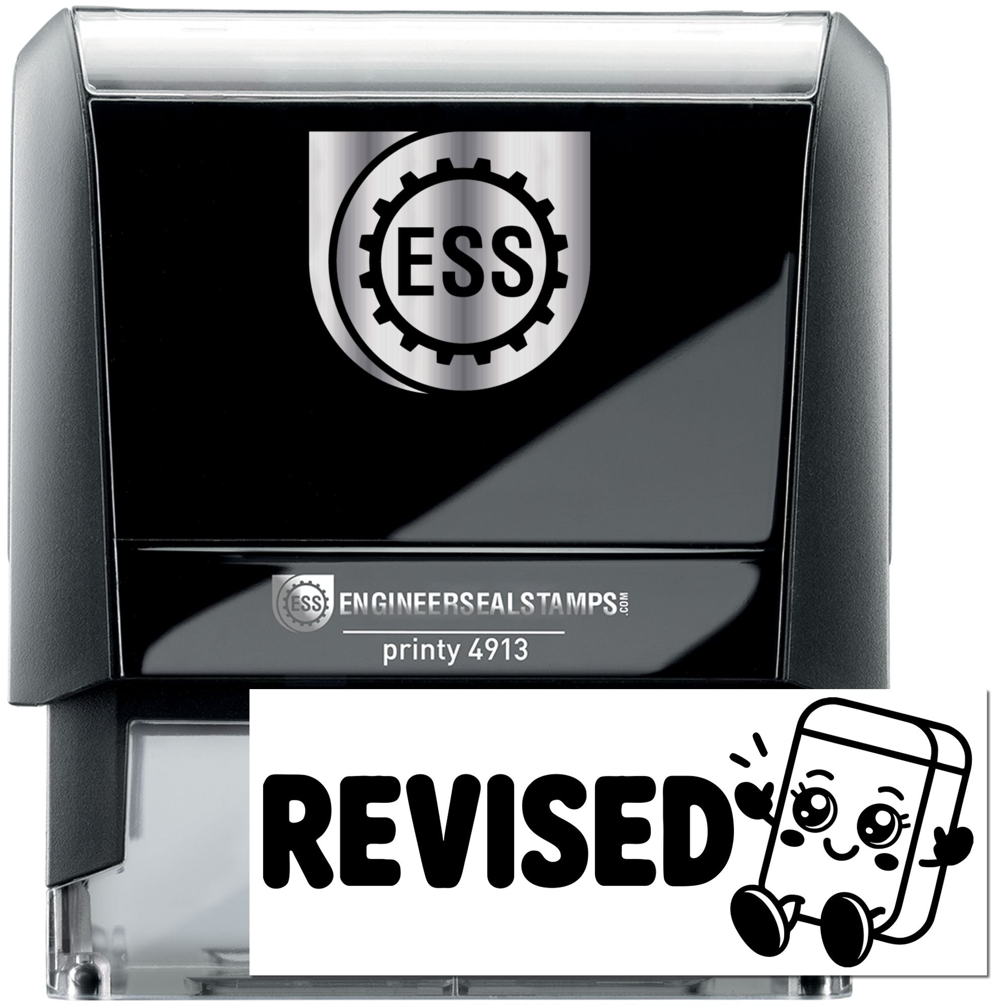 Black self-inking engineer seal stamp, ESS logo, Printy 4913, with silver accents and large REVISED label