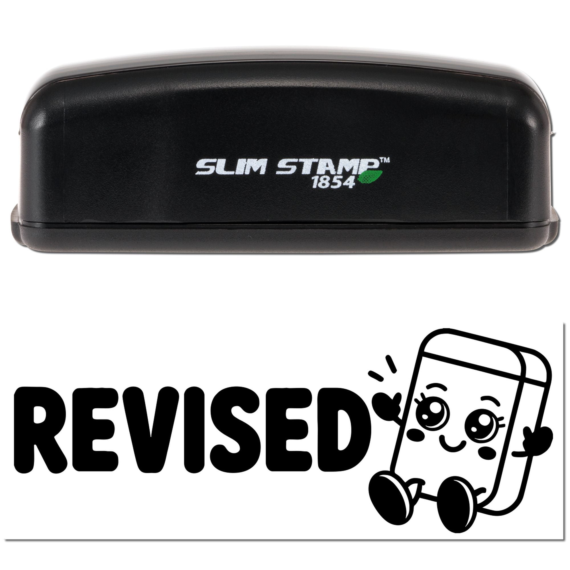 Black Slim Stamp 1854 self-inking stamp and seal with white logo above bold black REVISED text on white background.