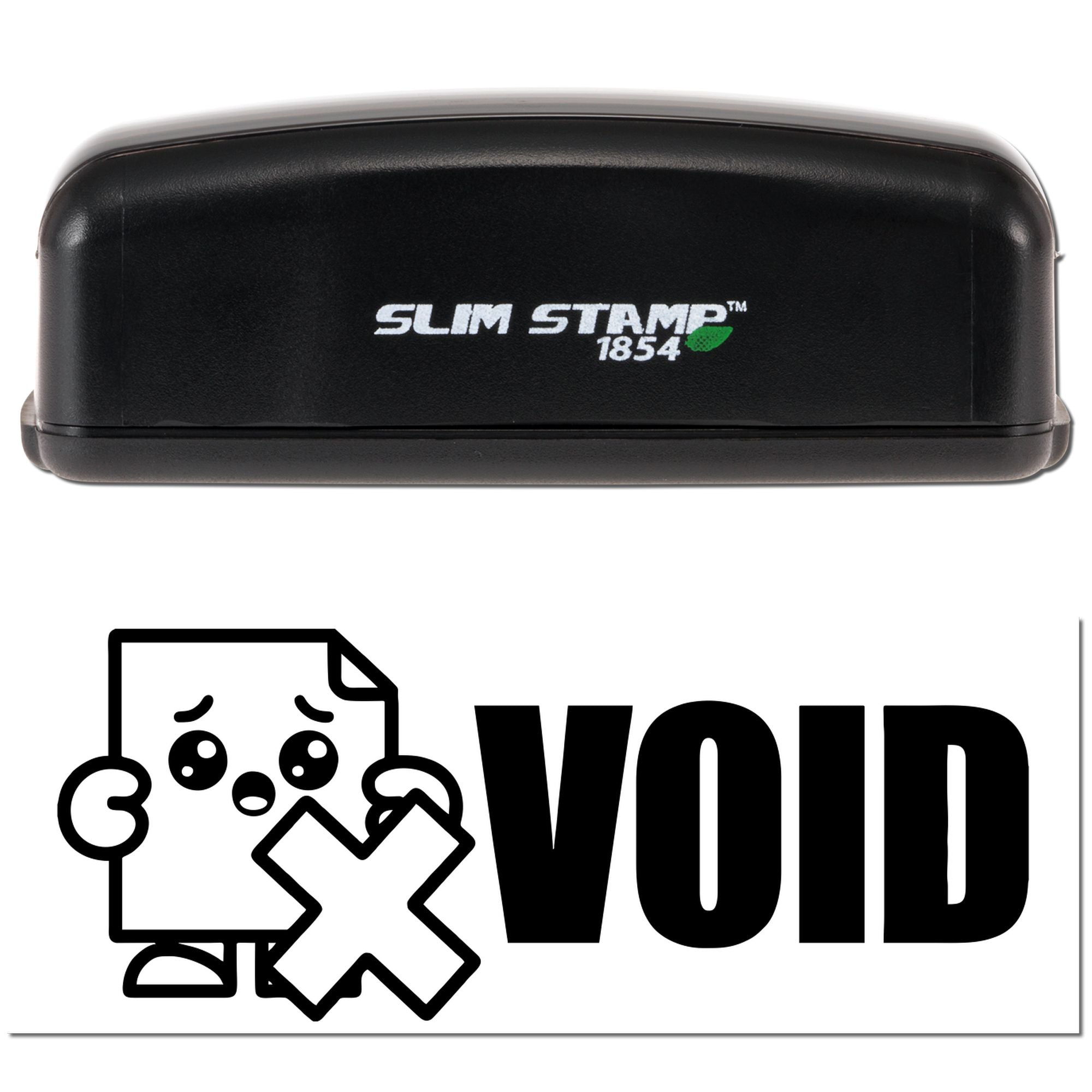 Black Slim Stamp 1854 handheld stamp with green accent above a bold black VOID tamper-evident seal.