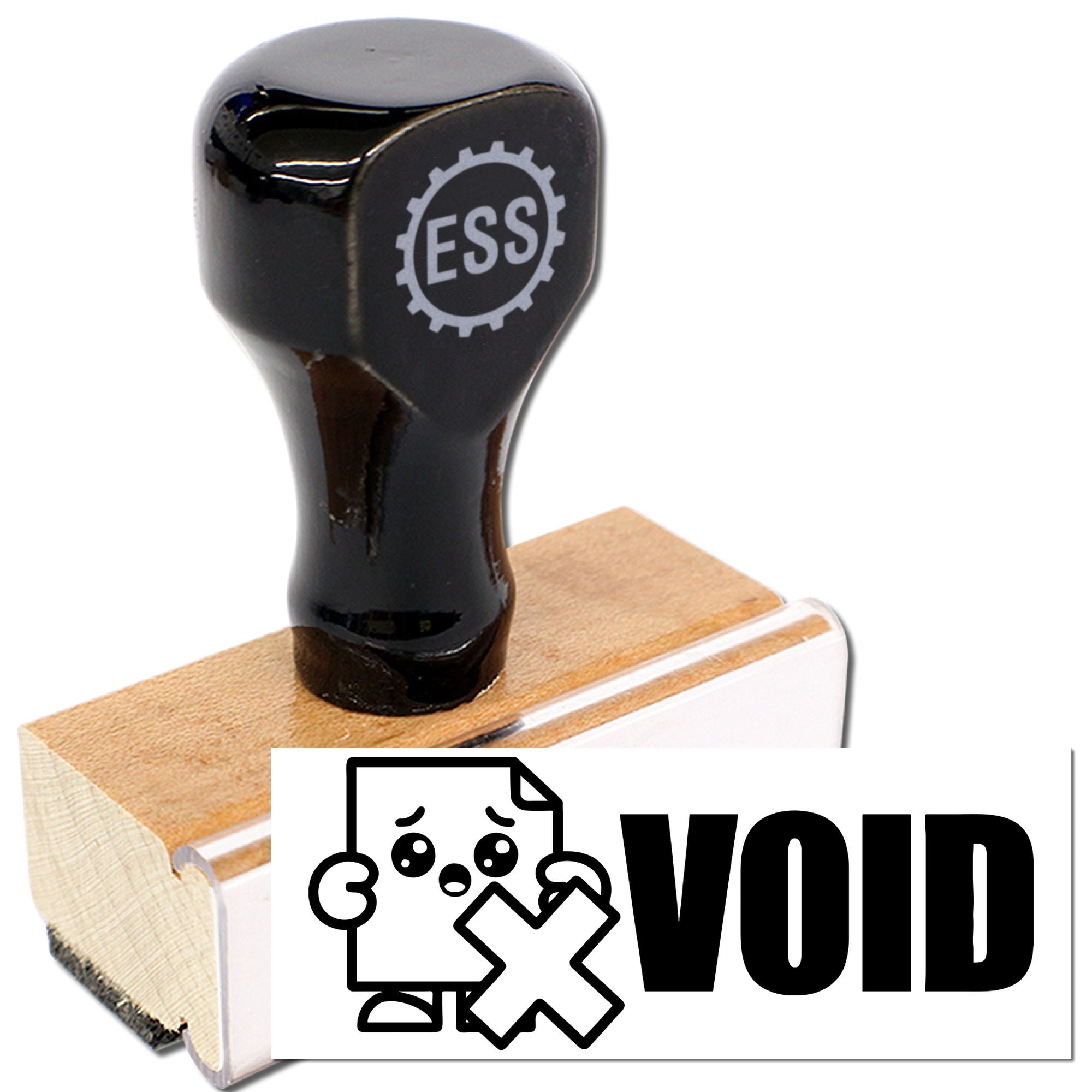 Black rubber stamp seal with ESS emblem on a wooden block, displaying a bold VOID mark on white card