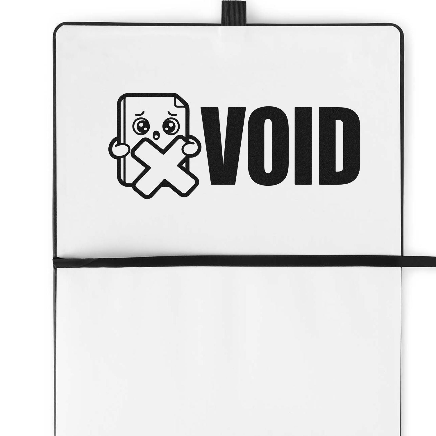 Black-and-white VOID tamper-evident seal stamp with cartoon document icon and bold black text.