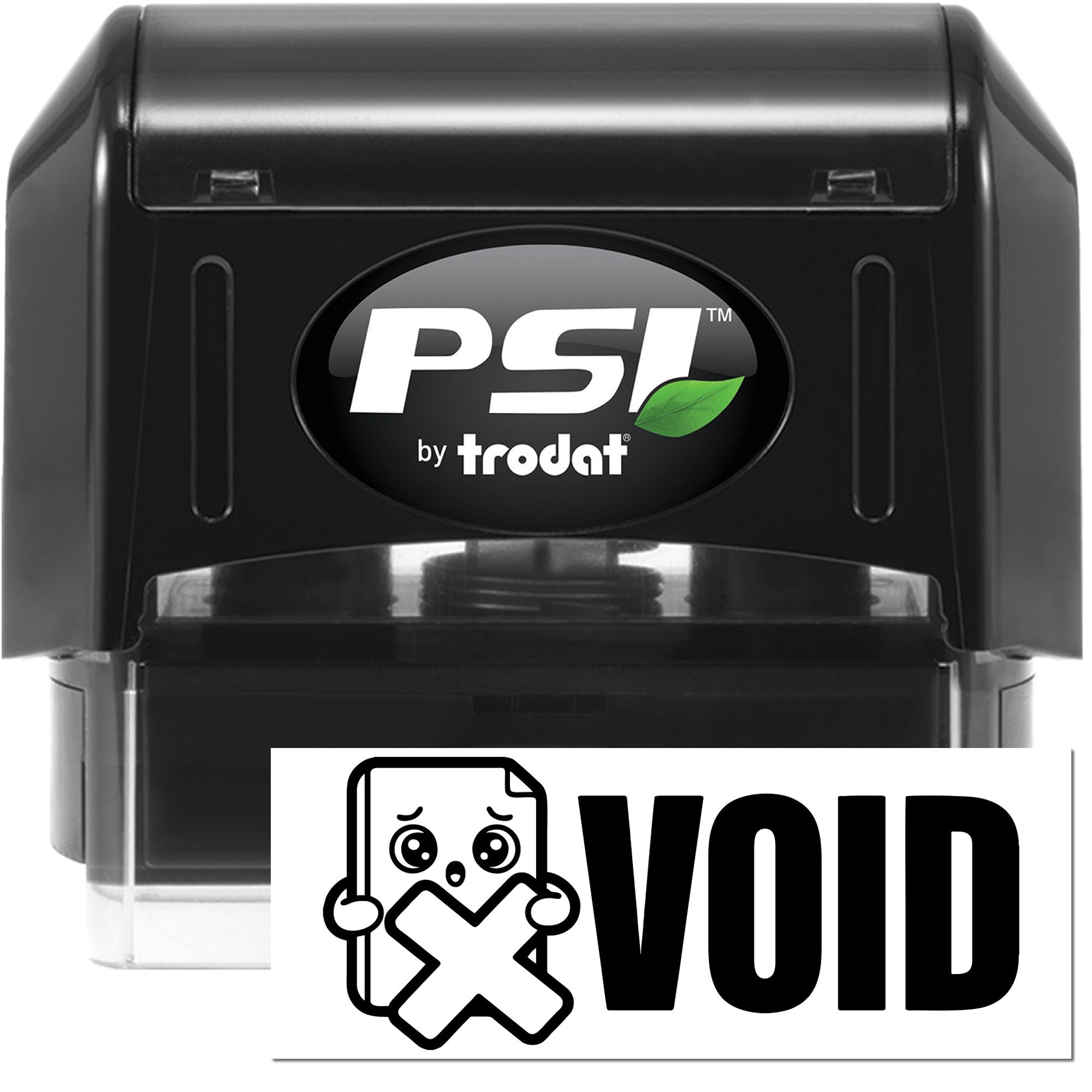 Black PSI by Trodat self-inking VOID stamp and seal with green leaf logo