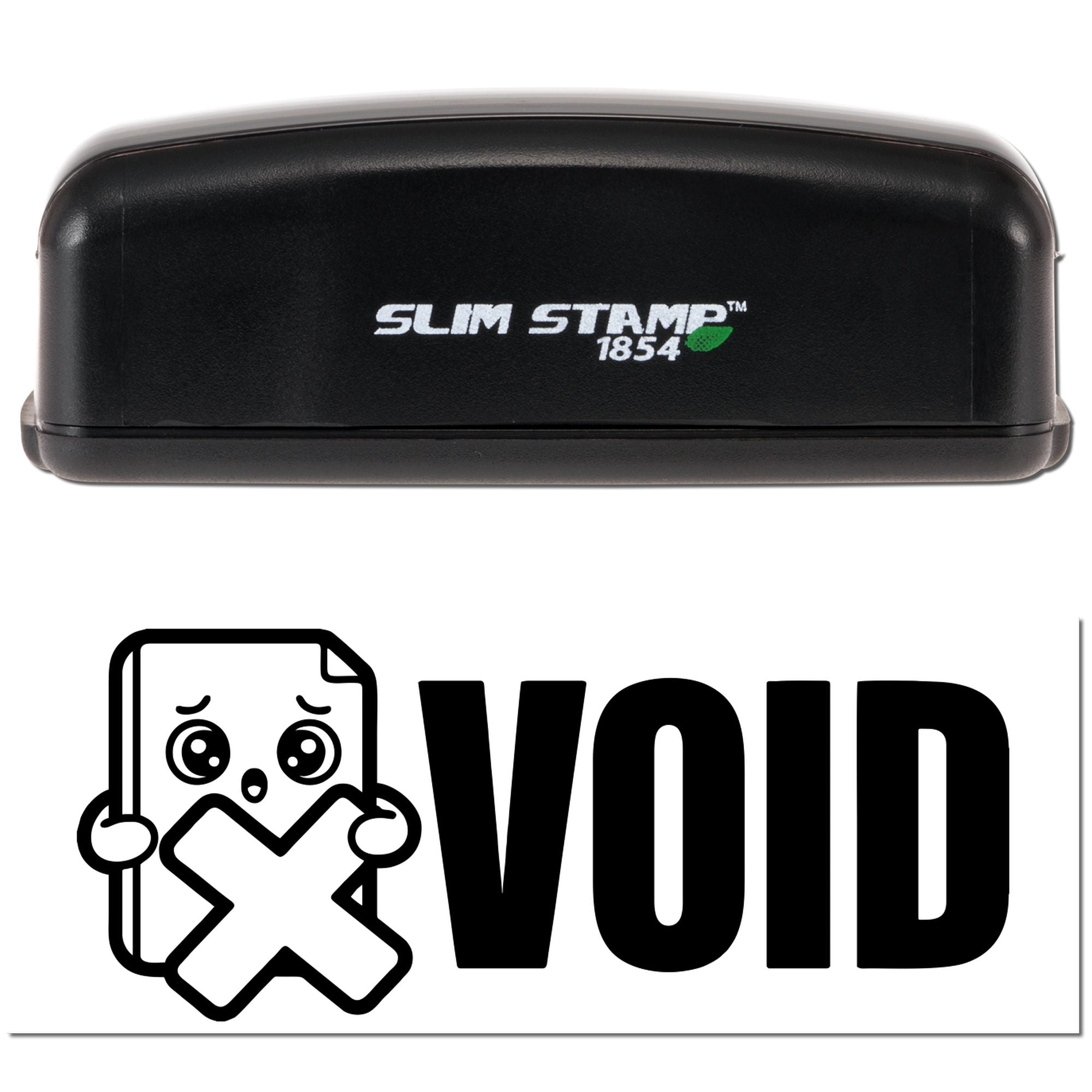 Black Slim Stamp 1854 stamp and VOID security seal with cartoon document icon on white background.