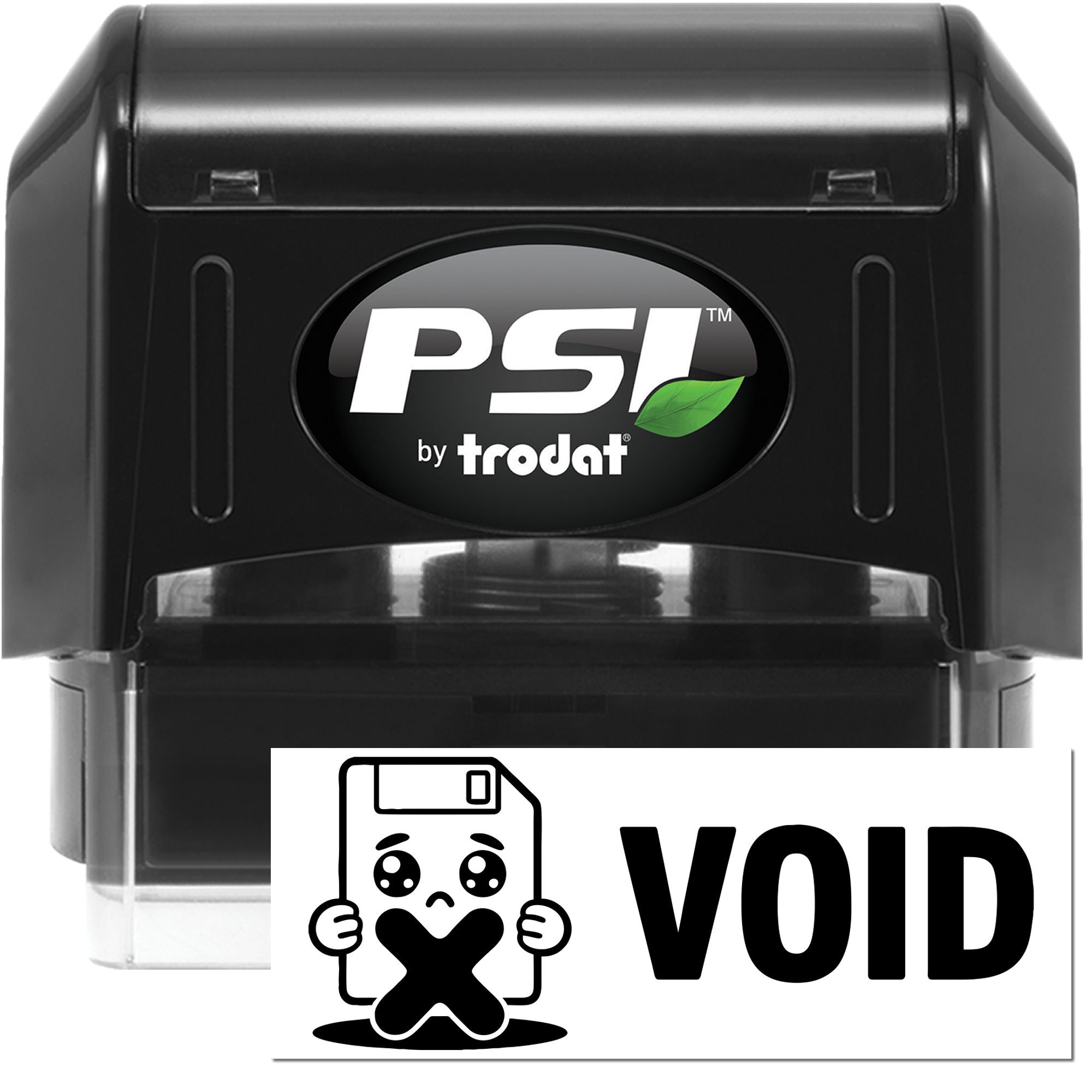 Black PSI by Trodat self-inking stamp, black body with green leaf logo, beside a VOID seal insert with cartoon icon.