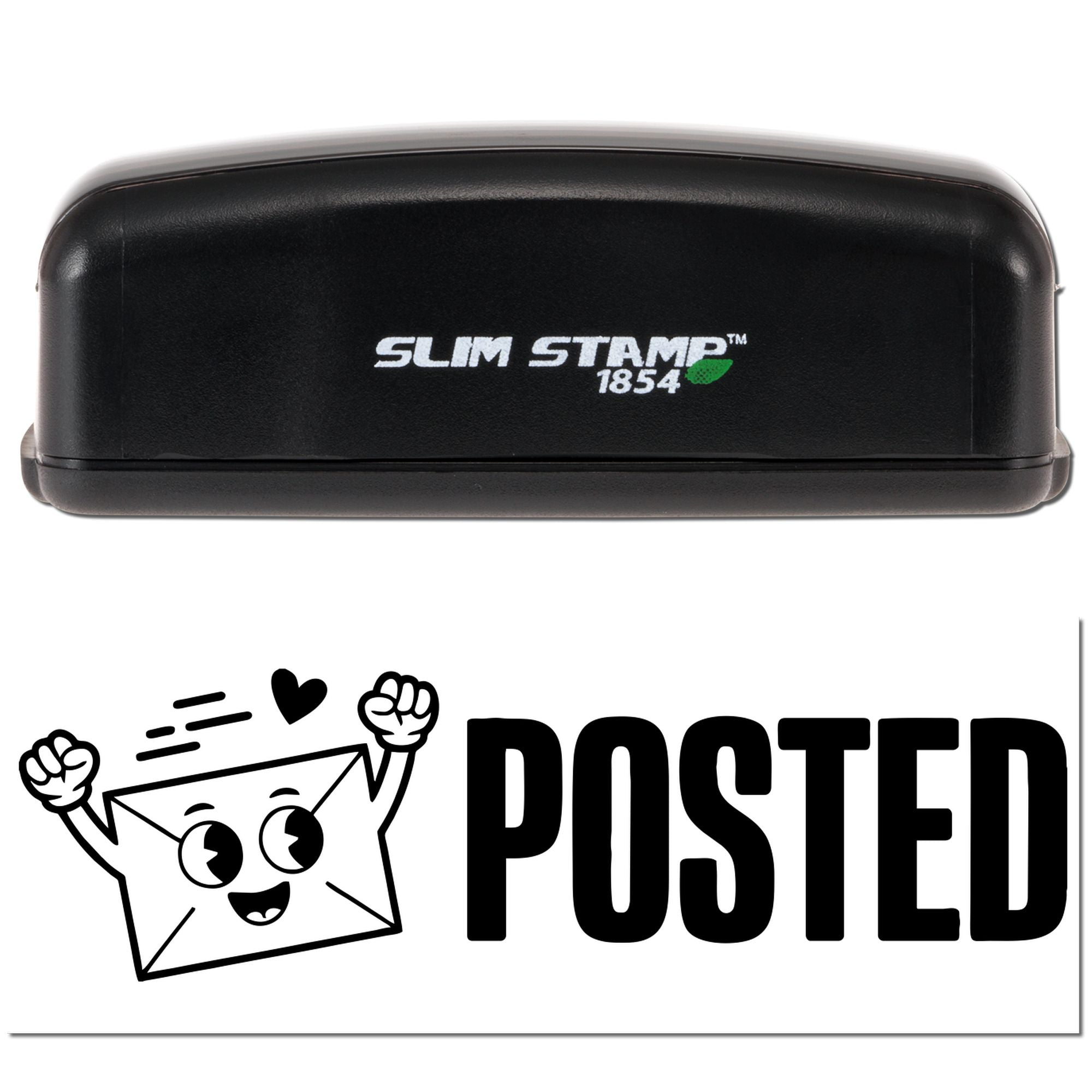 Black Slim Stamp 1854 stamp and seal on white background with Posted graphic and cartoon envelope.