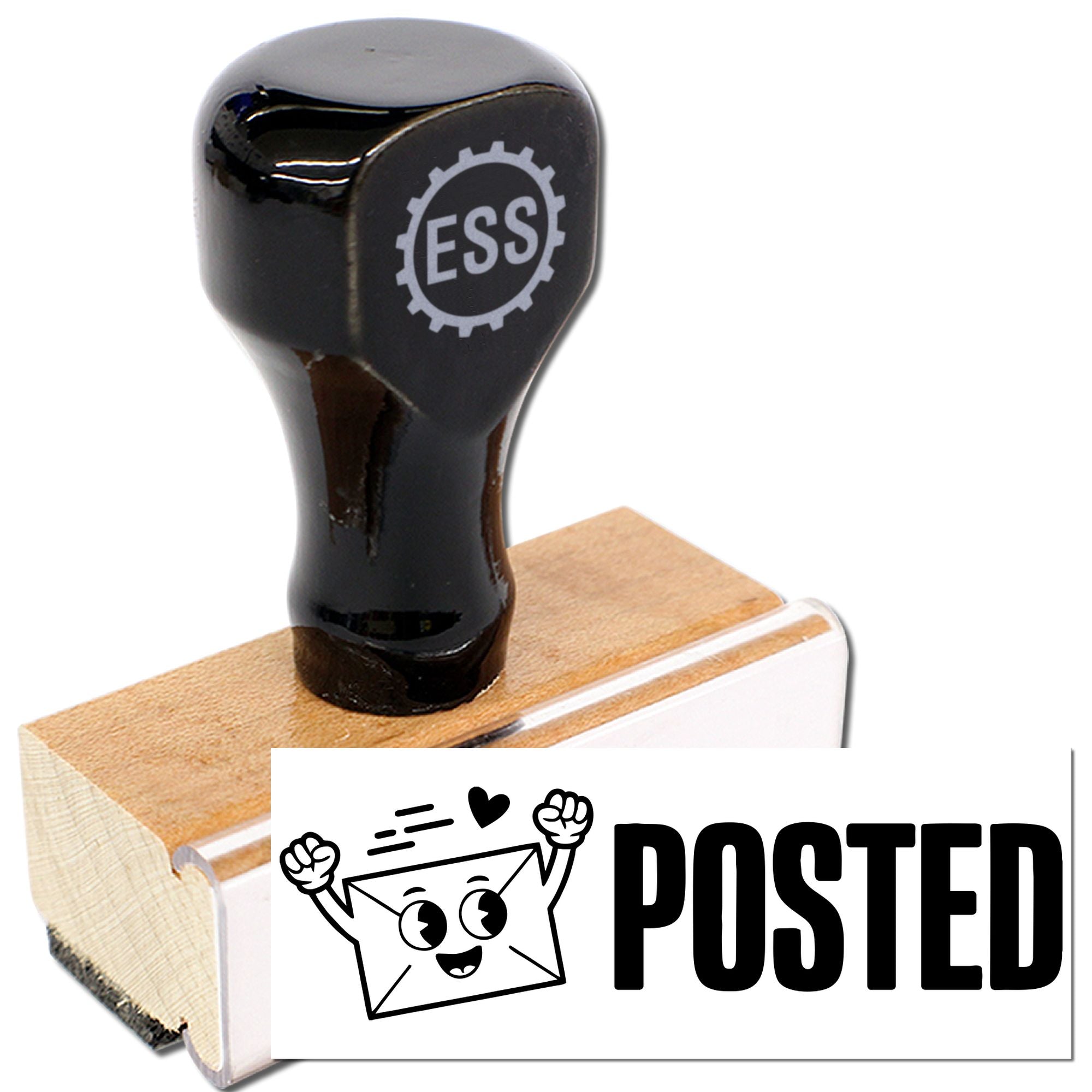 Black rubber stamp and seal set with ESS logo on a wooden block and POSTED impression in black and white.