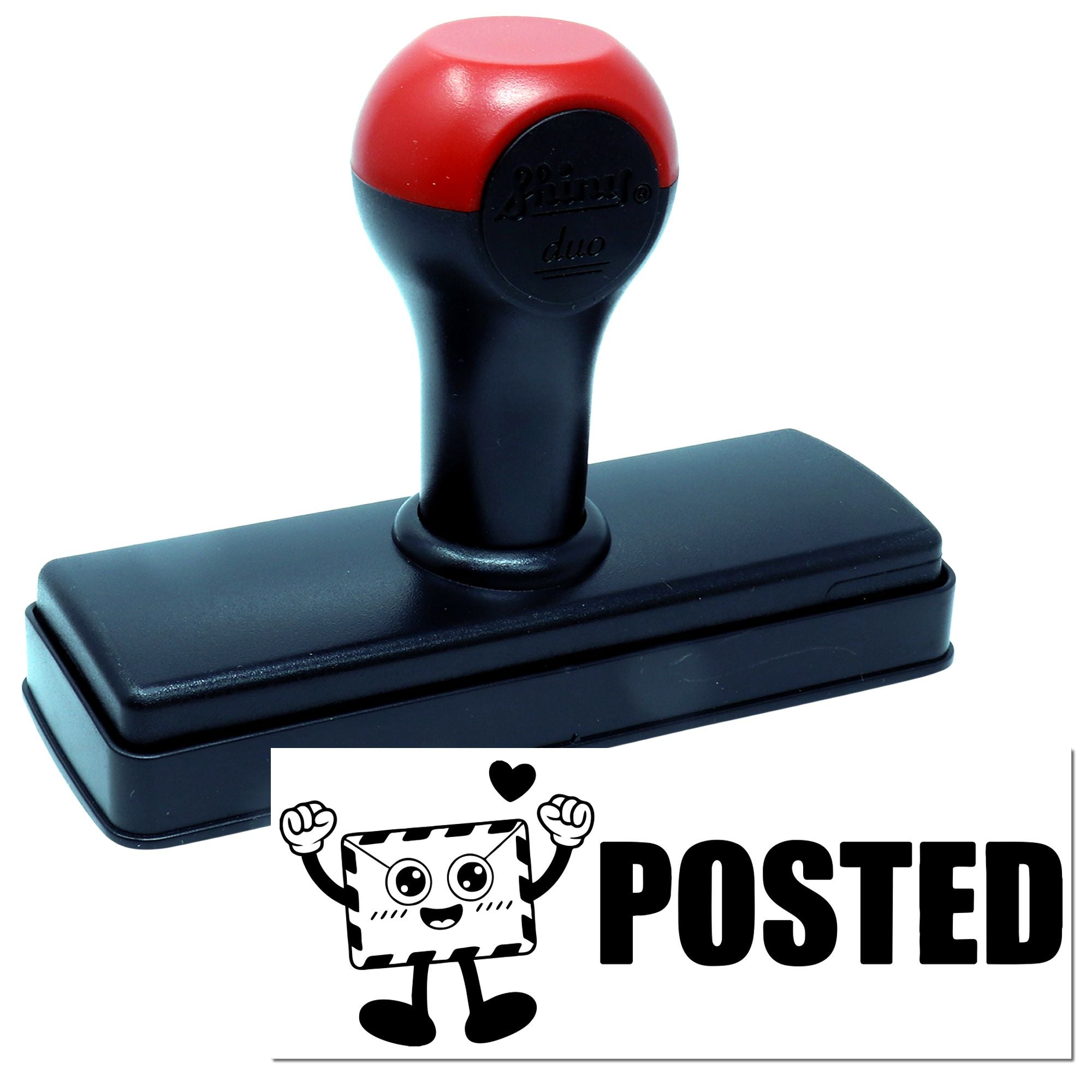 Red and black self-inking stamp and seal with POSTED graphic and cartoon envelope.