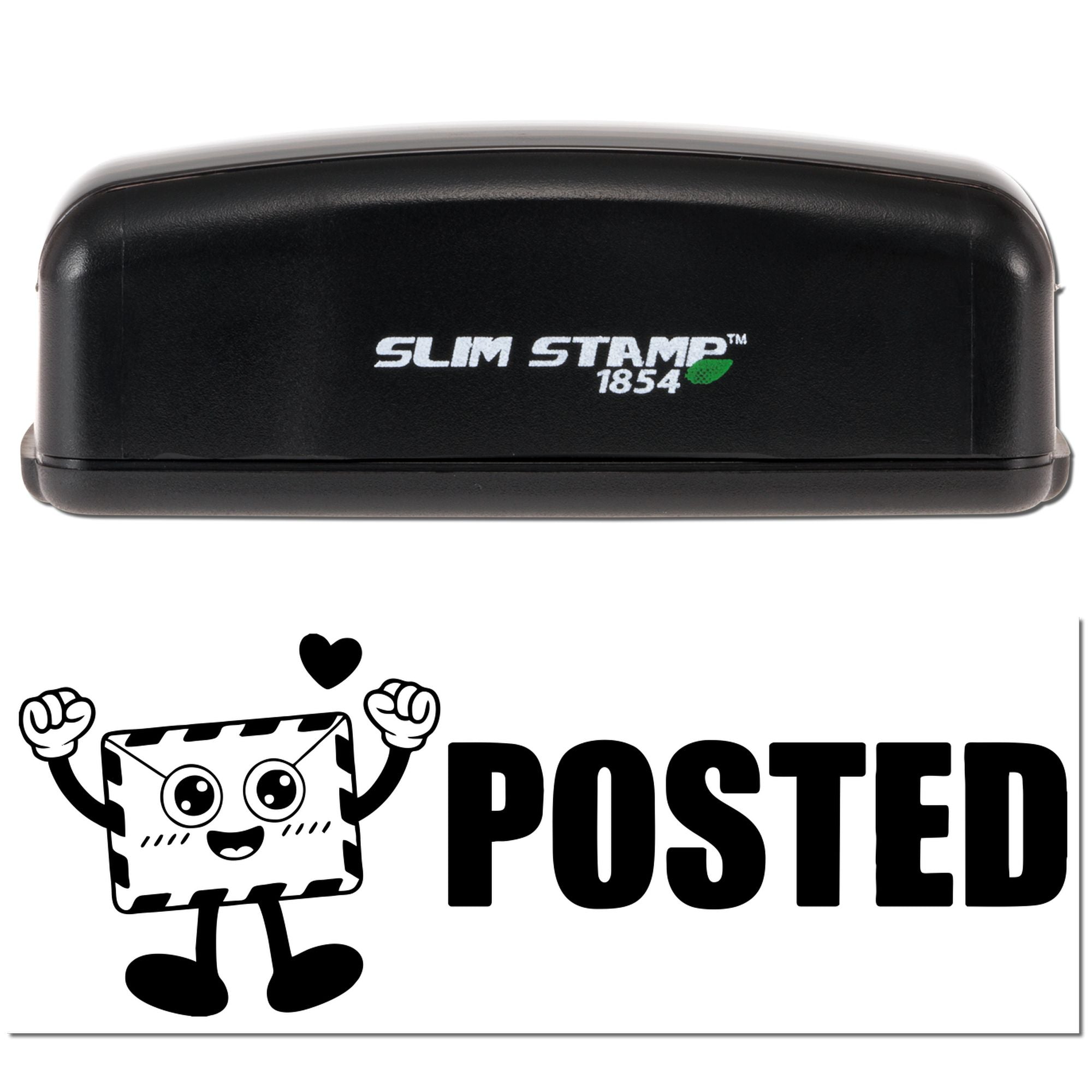 Black Slim Stamp 1854 self-inking stamp and seal with cute envelope mascot and bold POSTED text on white.