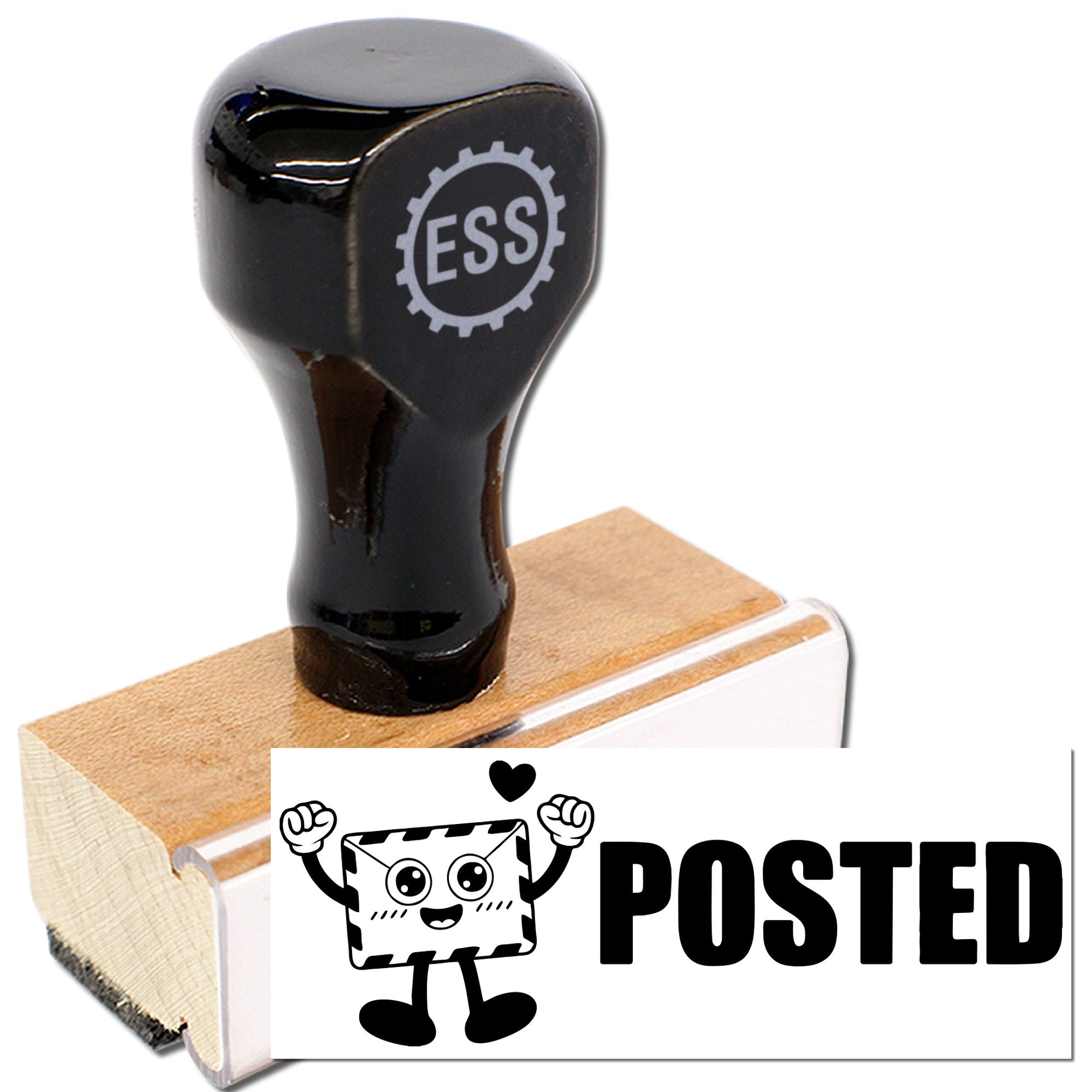 Black ESS rubber stamp with wooden base and posted cartoon seal logo on white, for custom stamp and seal products.