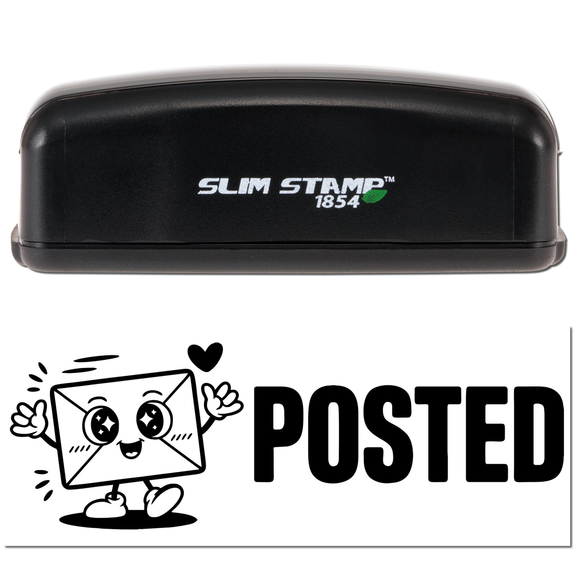 Black Slim Stamp 1854 stamp and white POSTED seal sticker with cute envelope mascot on a white background.