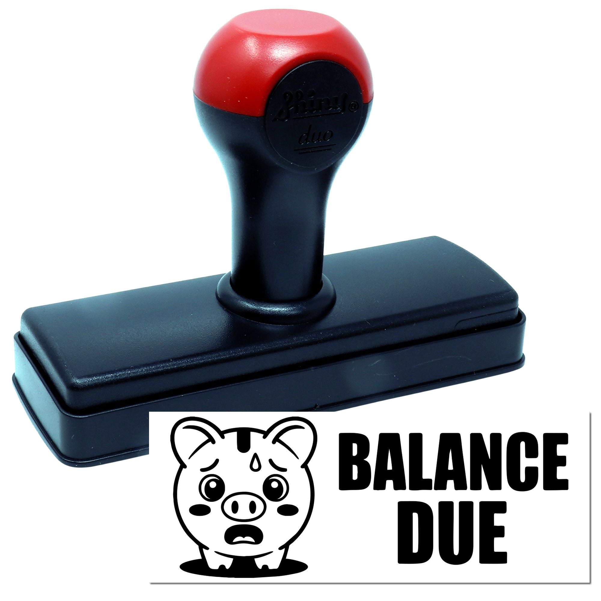 Black and red self-inking stamp with a balance due seal and pig logo.