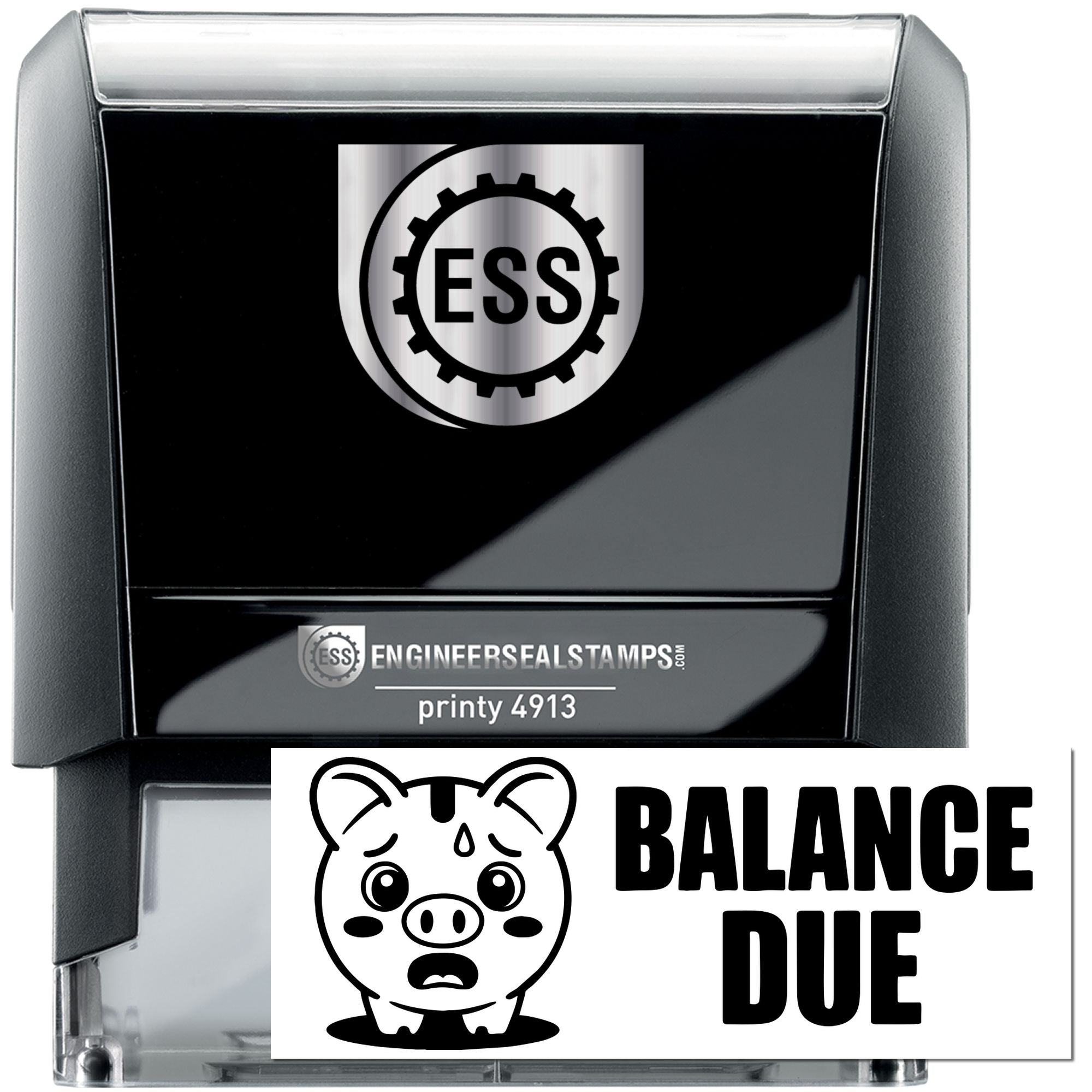 Black and silver self-inking stamp and seal set with ESS logo, featuring a piggy bank and bold Balance Due text.