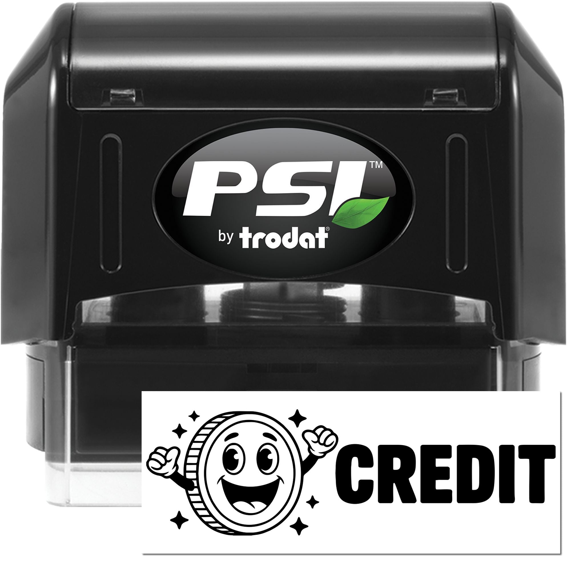 Black PSI by Trodat self-inking stamp and credit seal set, black casing with green leaf logo on a white seal card.