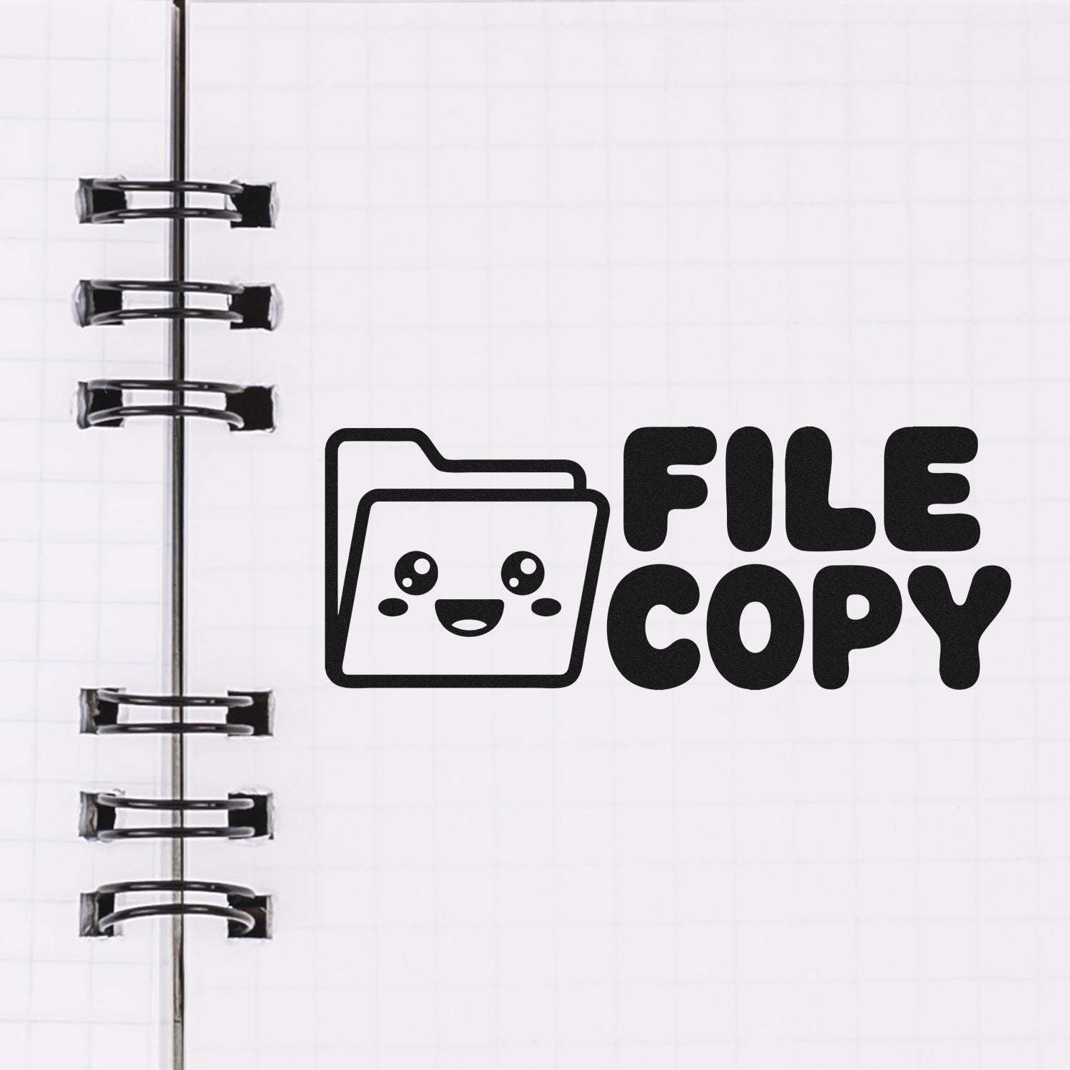 Black stamp and seal design with FILE COPY text, smiling folder icon, and notebook rings on a white grid background.