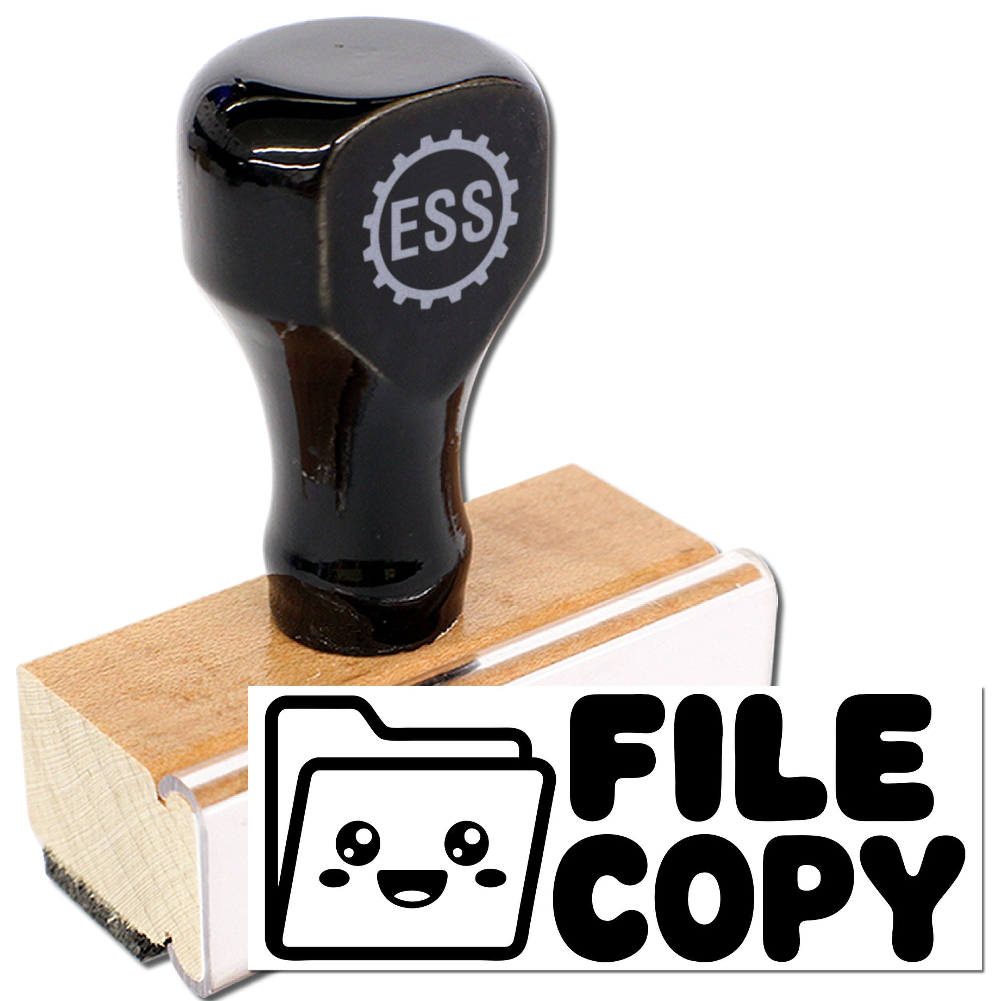 Black ESS rubber stamp and seal on wooden base, with white FILE COPY imprint and gear logo