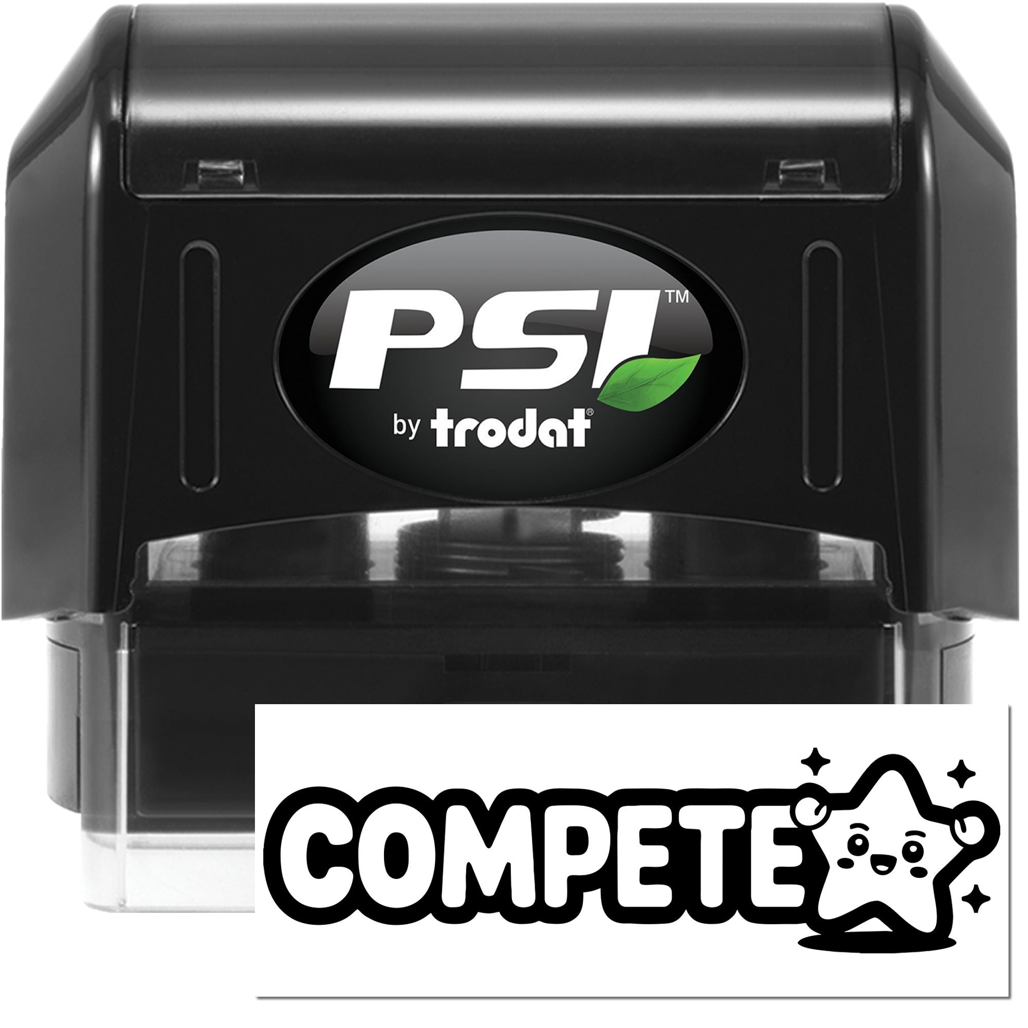 Black PSI by Trodat self-inking stamp and COMPETE seal, with green leaf logo and clear base.