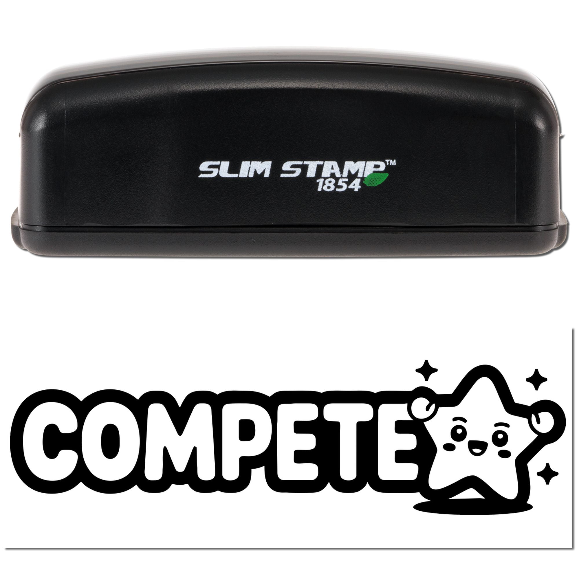 Black Slim Stamp 1854 stamp and seal products with COMPETE logo and smiling star graphic on white background.