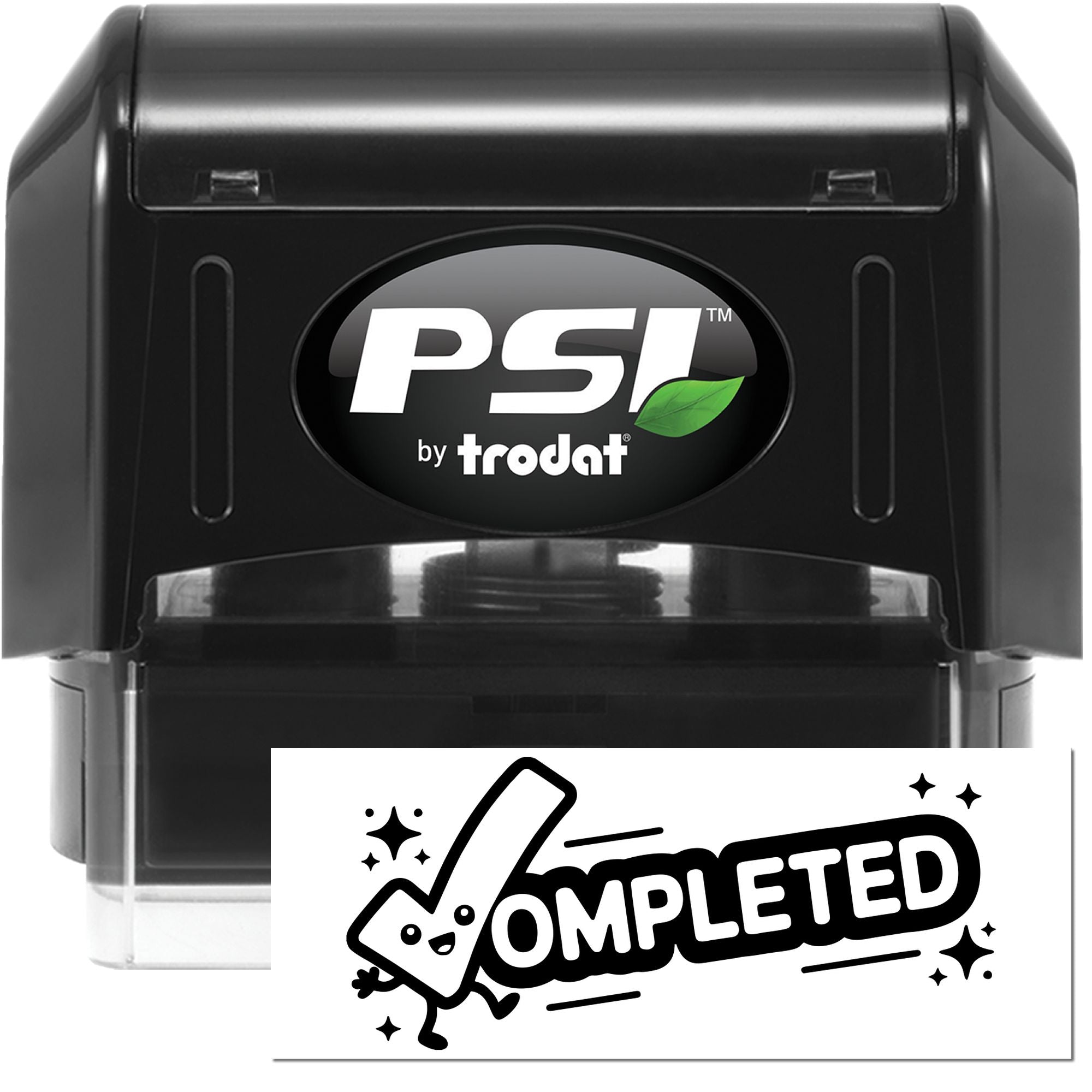 Black PSI by Trodat self-inking stamp with black casing and clear Completed seal impression preview