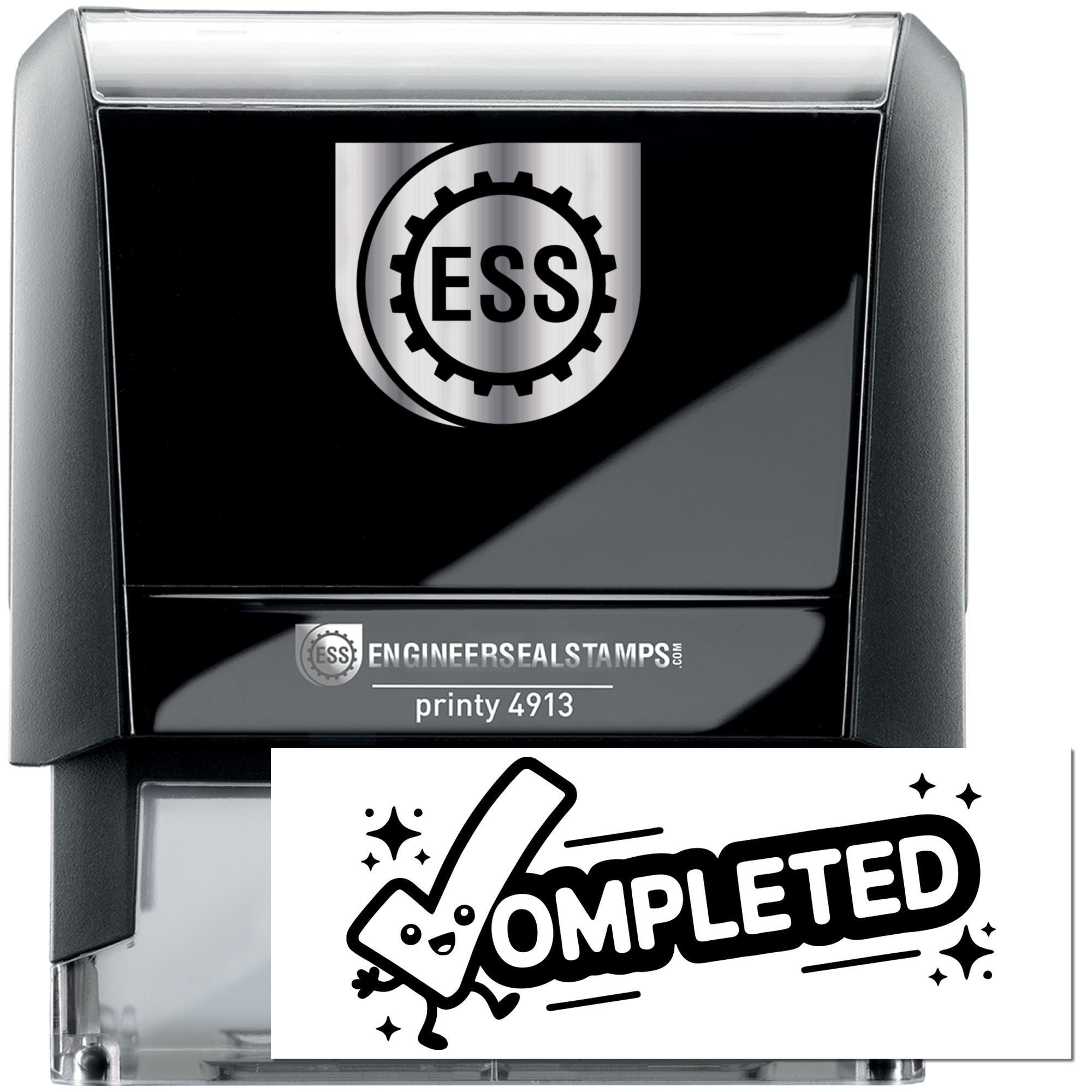 Black self-inking engineer seal stamp with silver top, ESS gear logo, and bold Completed imprint.