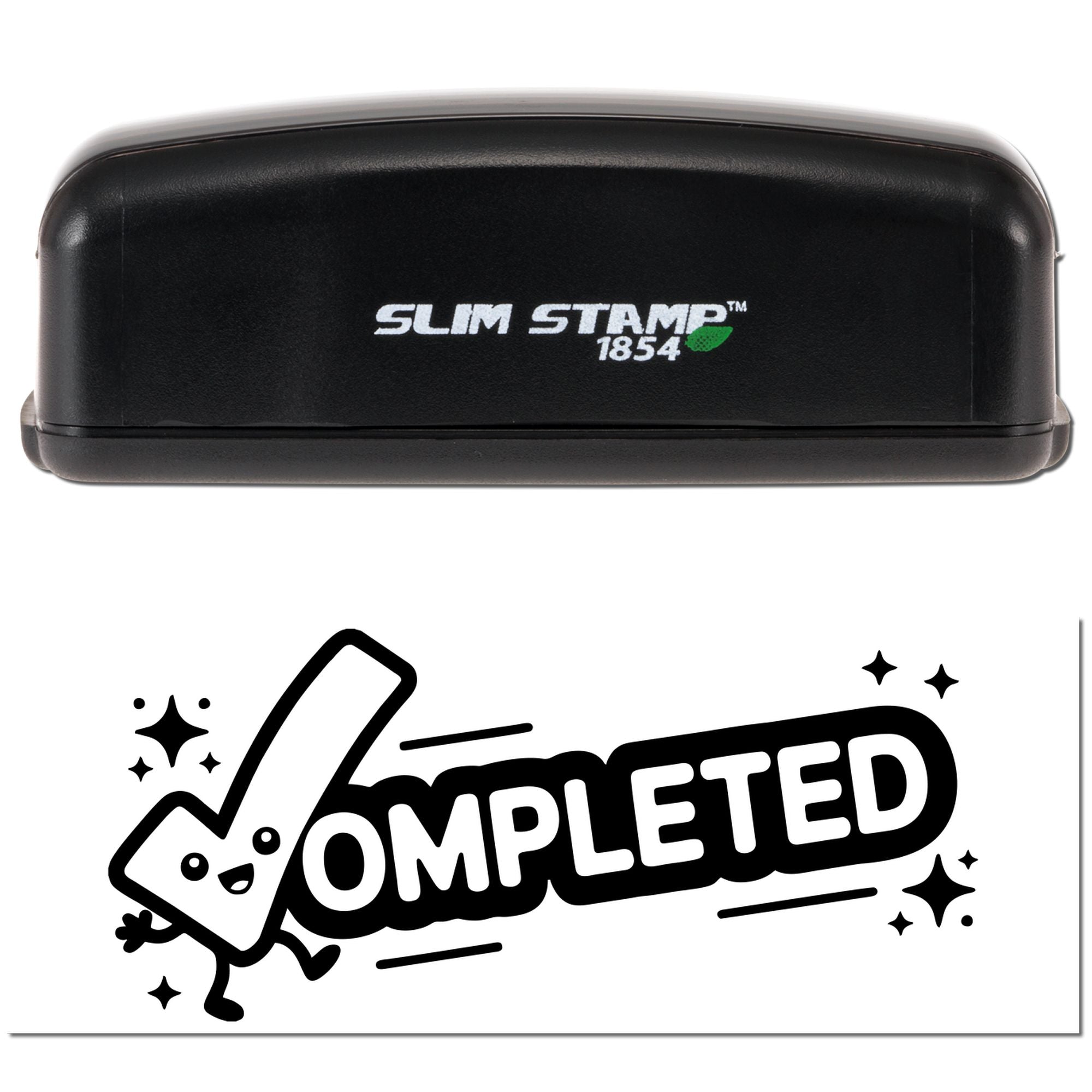 Black Slim Stamp 1854 self-inking stamp and seal set with white COMPLETED imprint graphic on a white background.