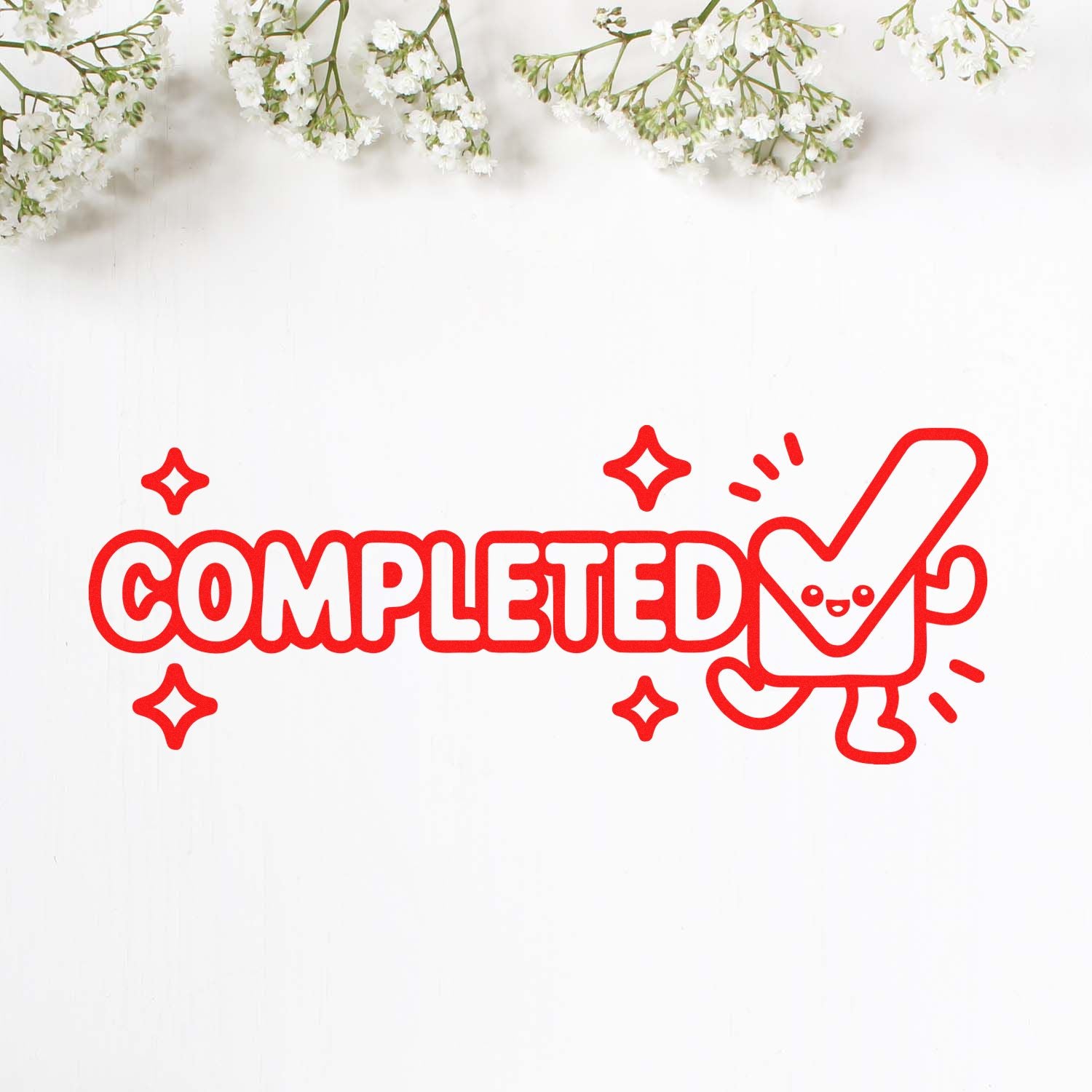 Red COMPLETED stamp and seal design with smiling checkmark and sparkles on a white background.