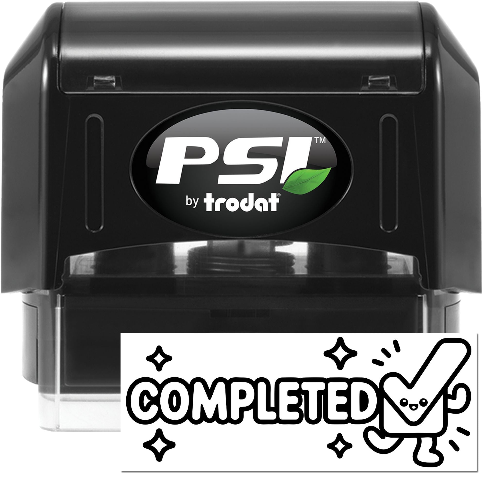 Black PSI by Trodat self-inking stamp and seal, with green leaf logo and completed badge.