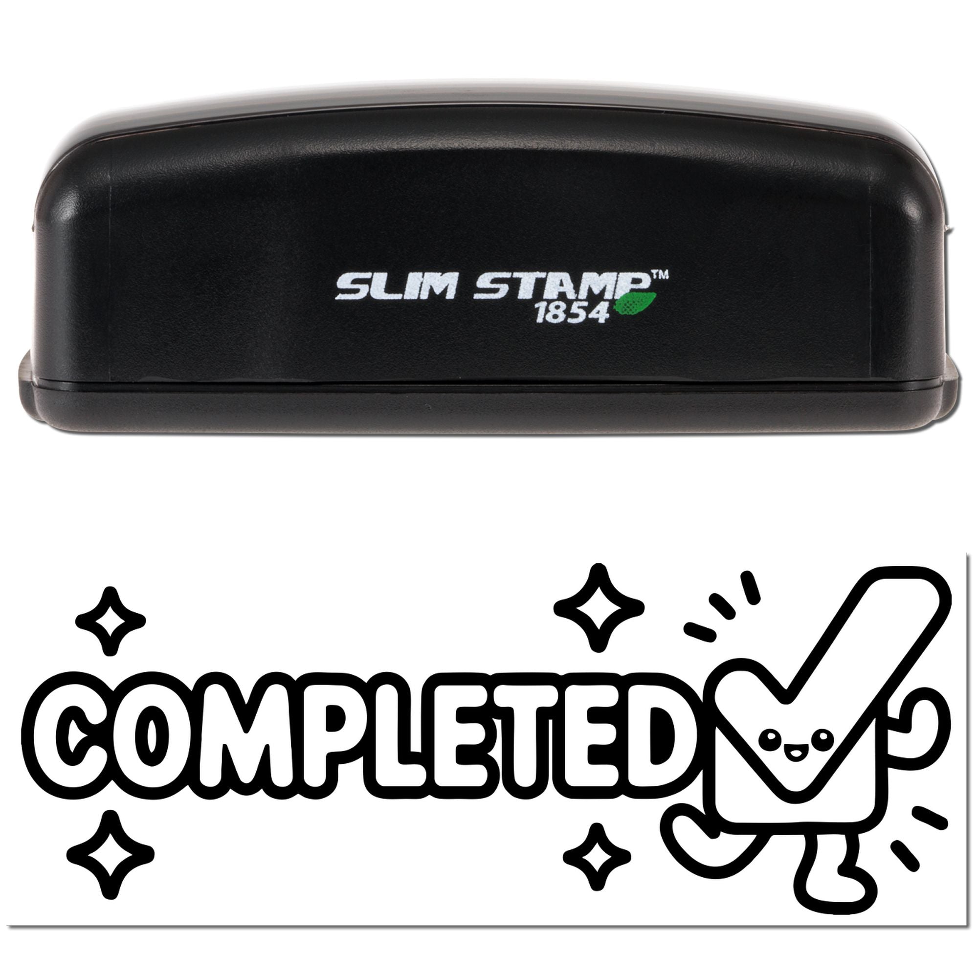 Black Slim Stamp 1854 desk stamp with green logo above a bold COMPLETED seal graphic.