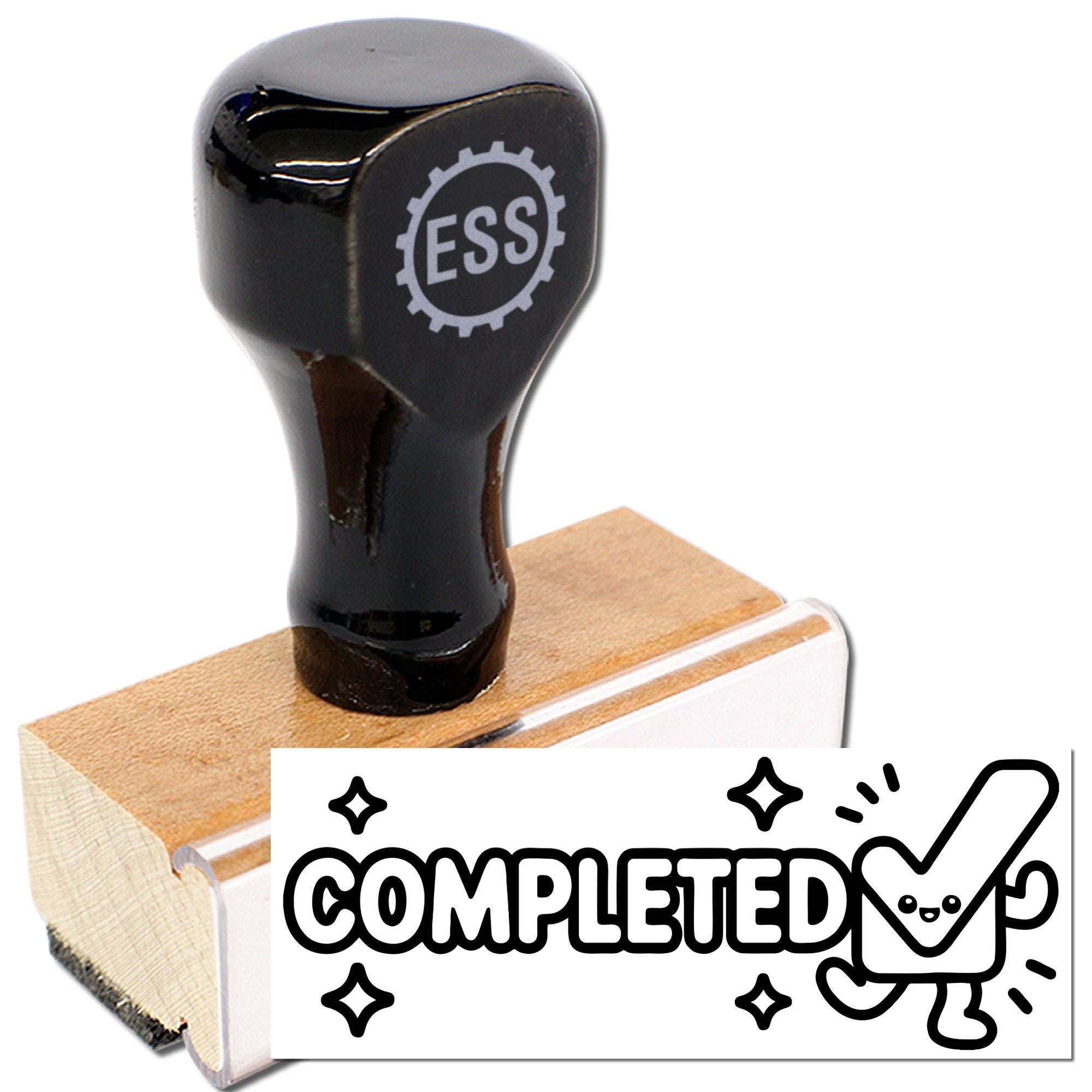 Black ESS rubber stamp seal with wooden handle on white base, marked COMPLETED.