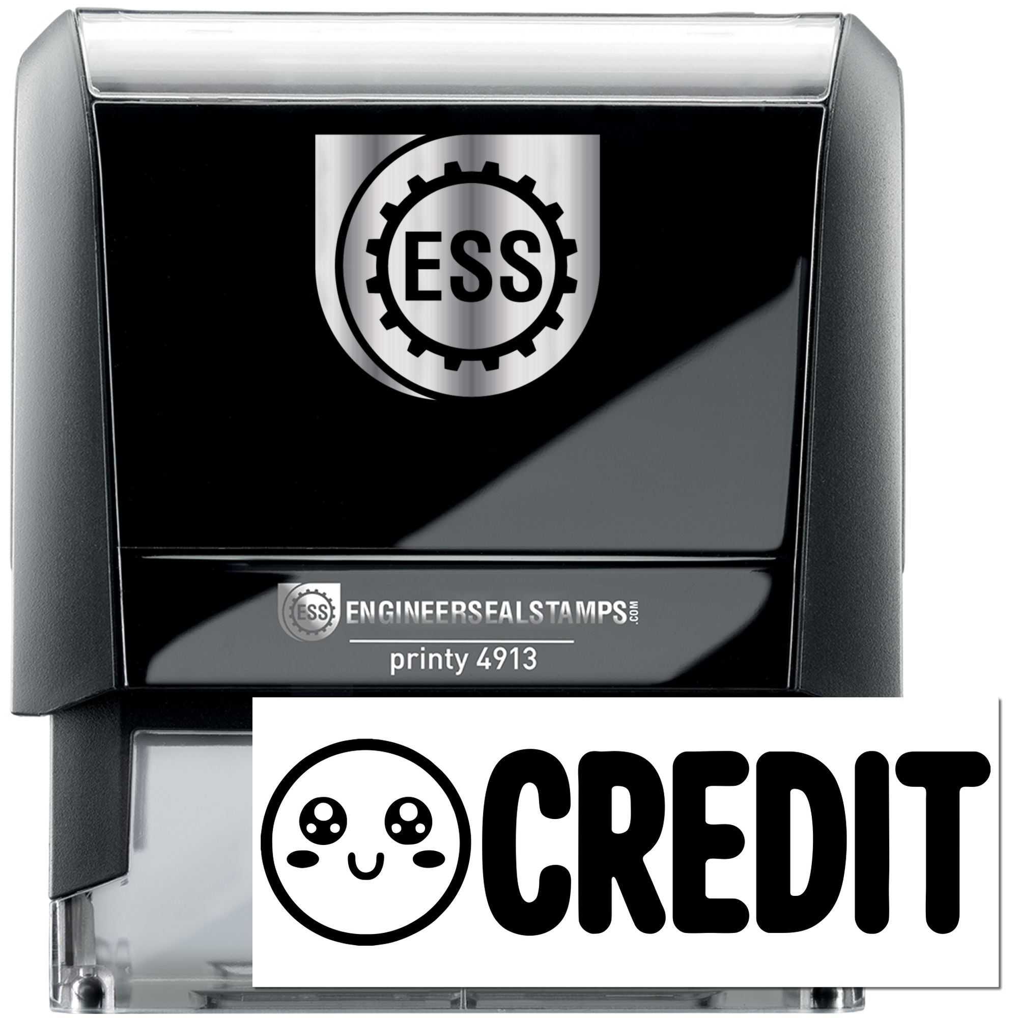 Black self-inking stamp and seal set with ESS gear logo, silver accents, and bold CREDIT seal graphic.