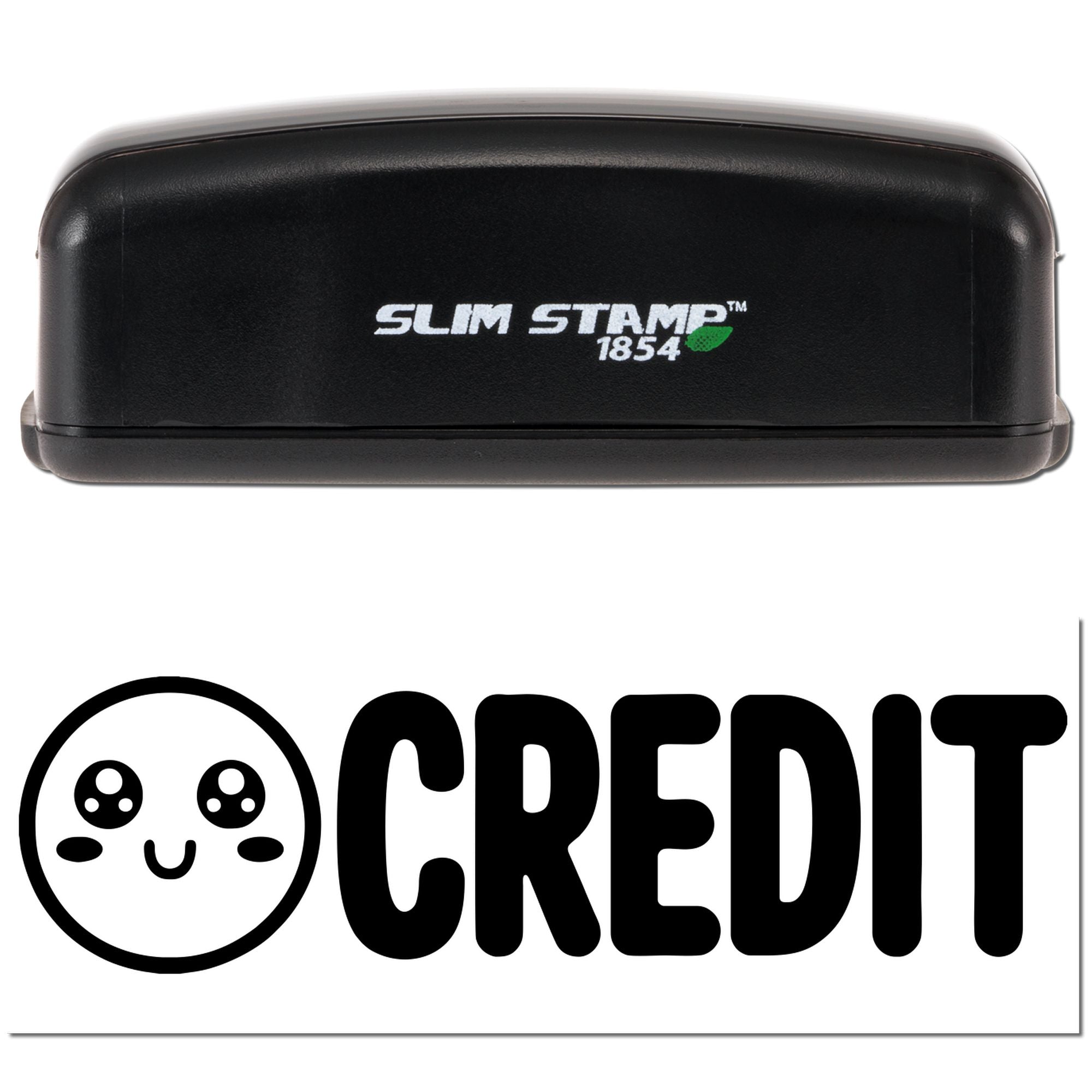 Black Slim Stamp 1854 self-inking stamp case with white logo and green accent above a black CREDIT seal graphic on white.