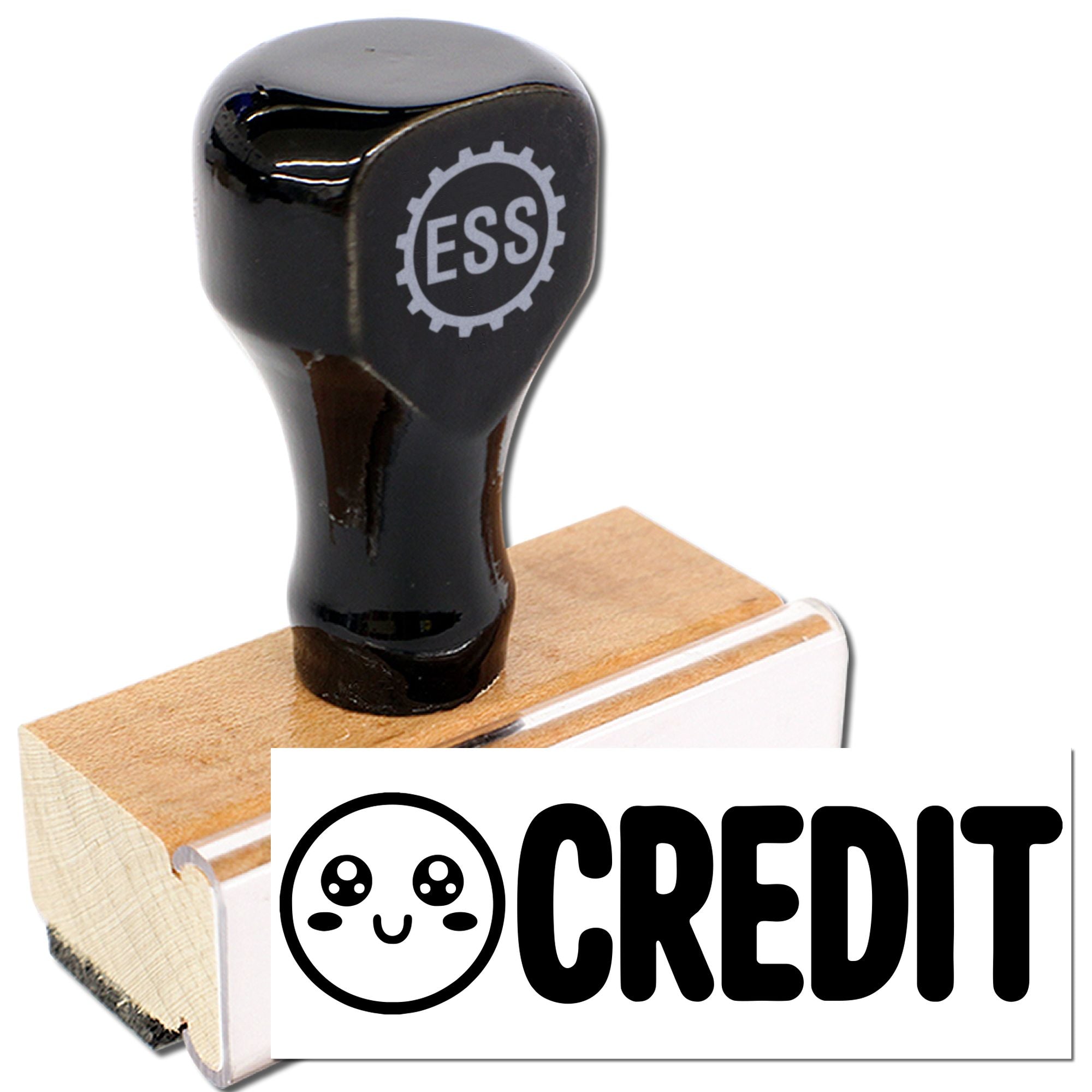 Black rubber stamp and wooden seal block with ESS emblem, printing a white CREDIT logo with black text on a white background.