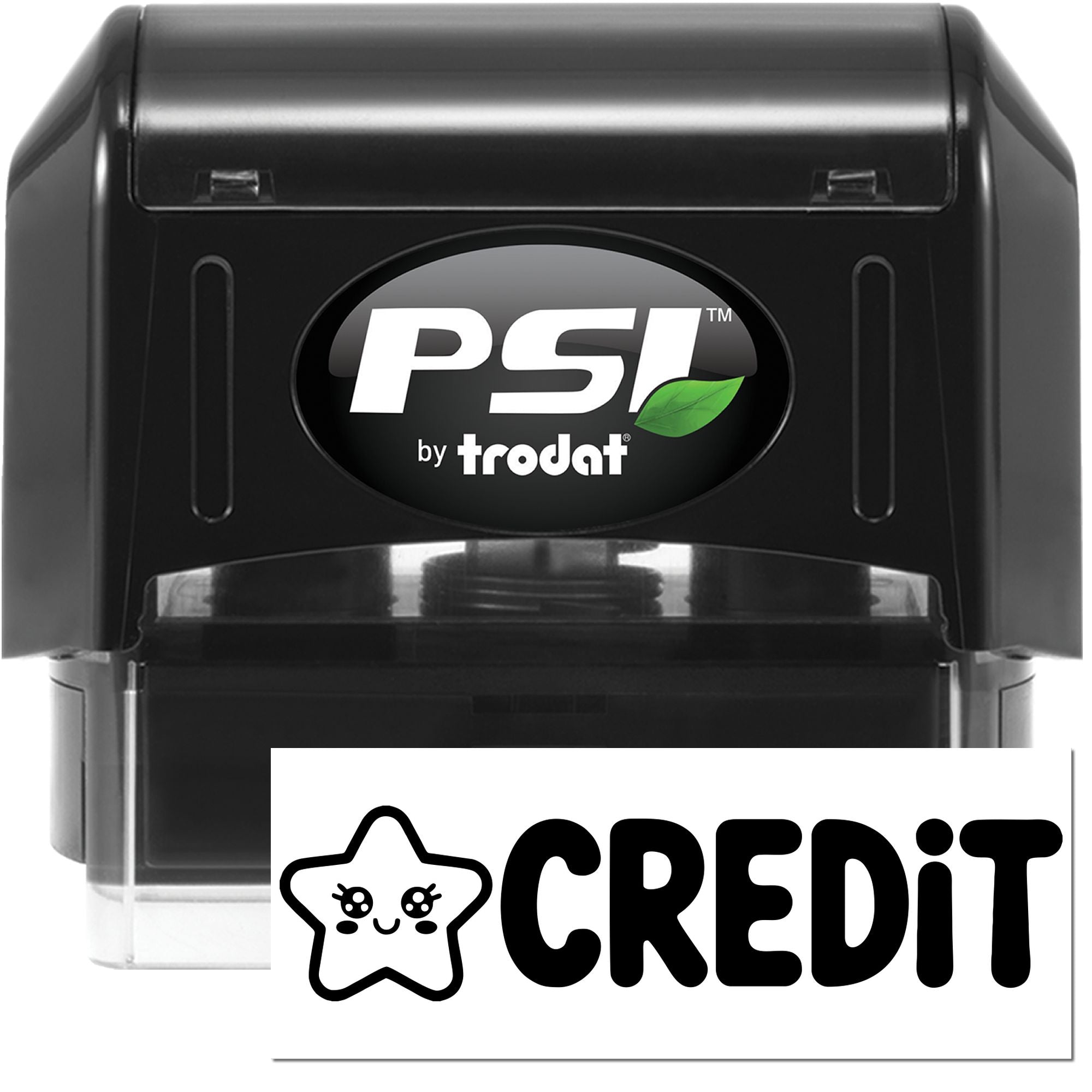 Black PSI by Trodat self-inking stamp and seal with green leaf logo and white Credit badge