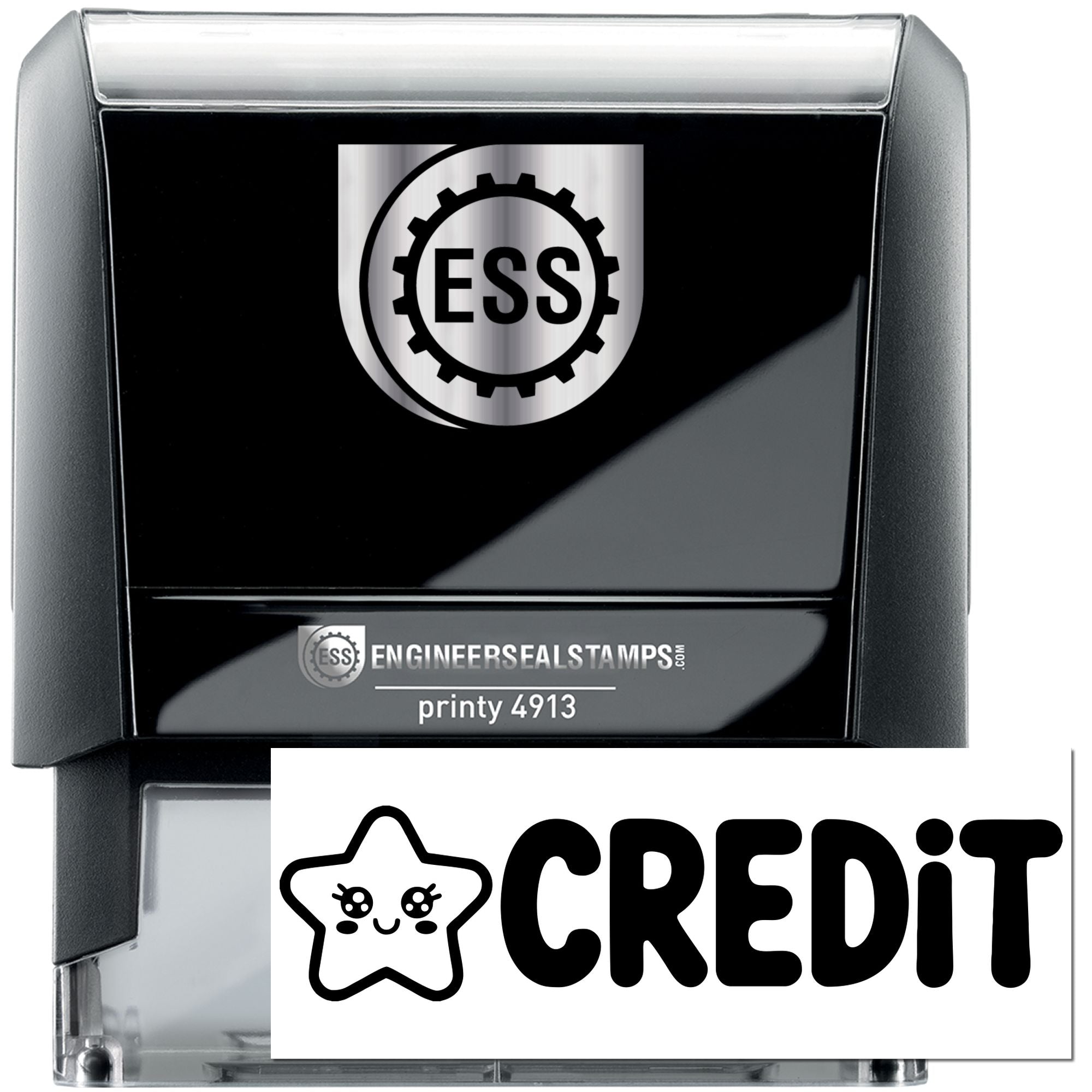 Black self-inking ESS engineer seal stamp with silver logo and white CREDIT stamp insert