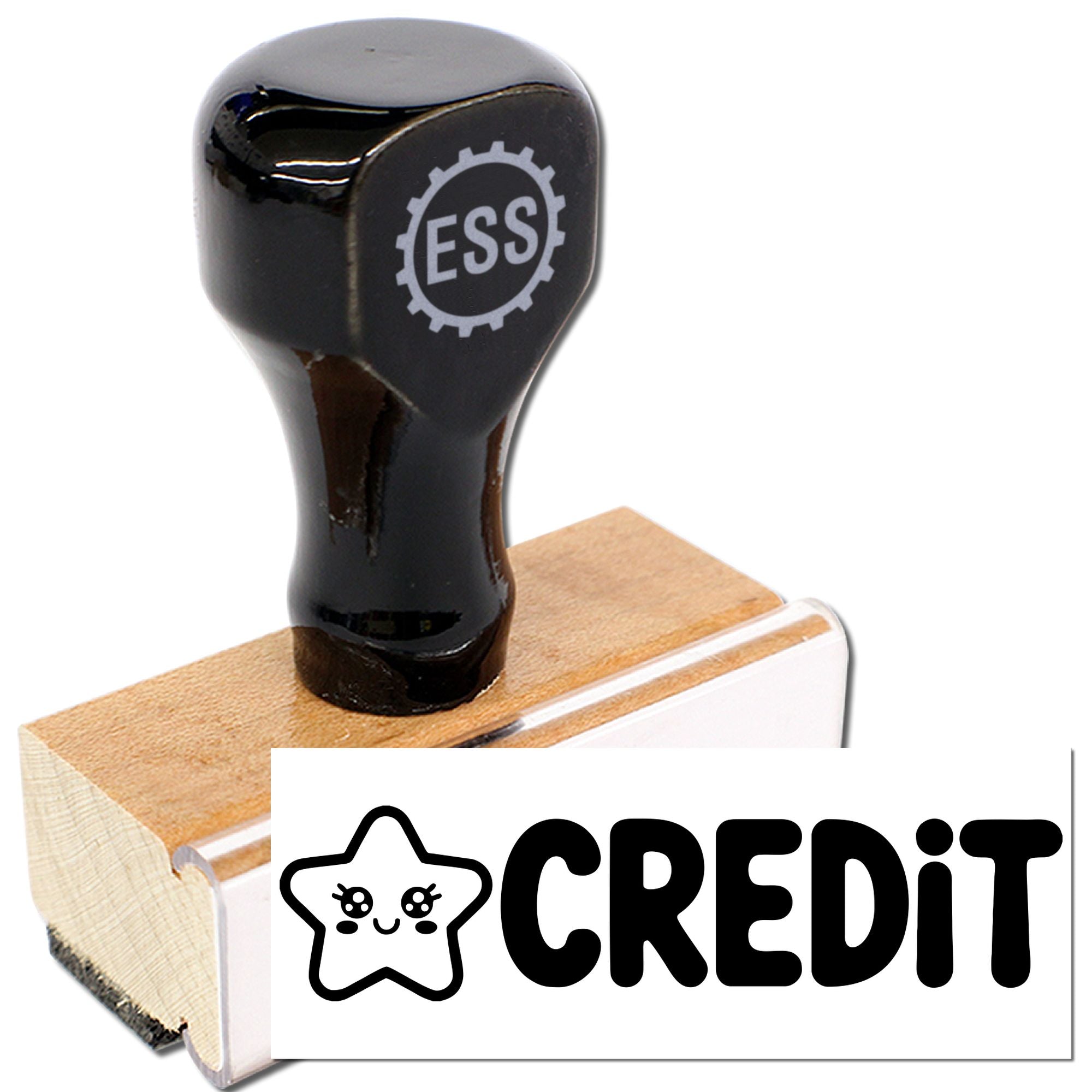 Black rubber stamp seal with ESS gear logo on a wooden handle beside a white CREDIT branding card and star icon.