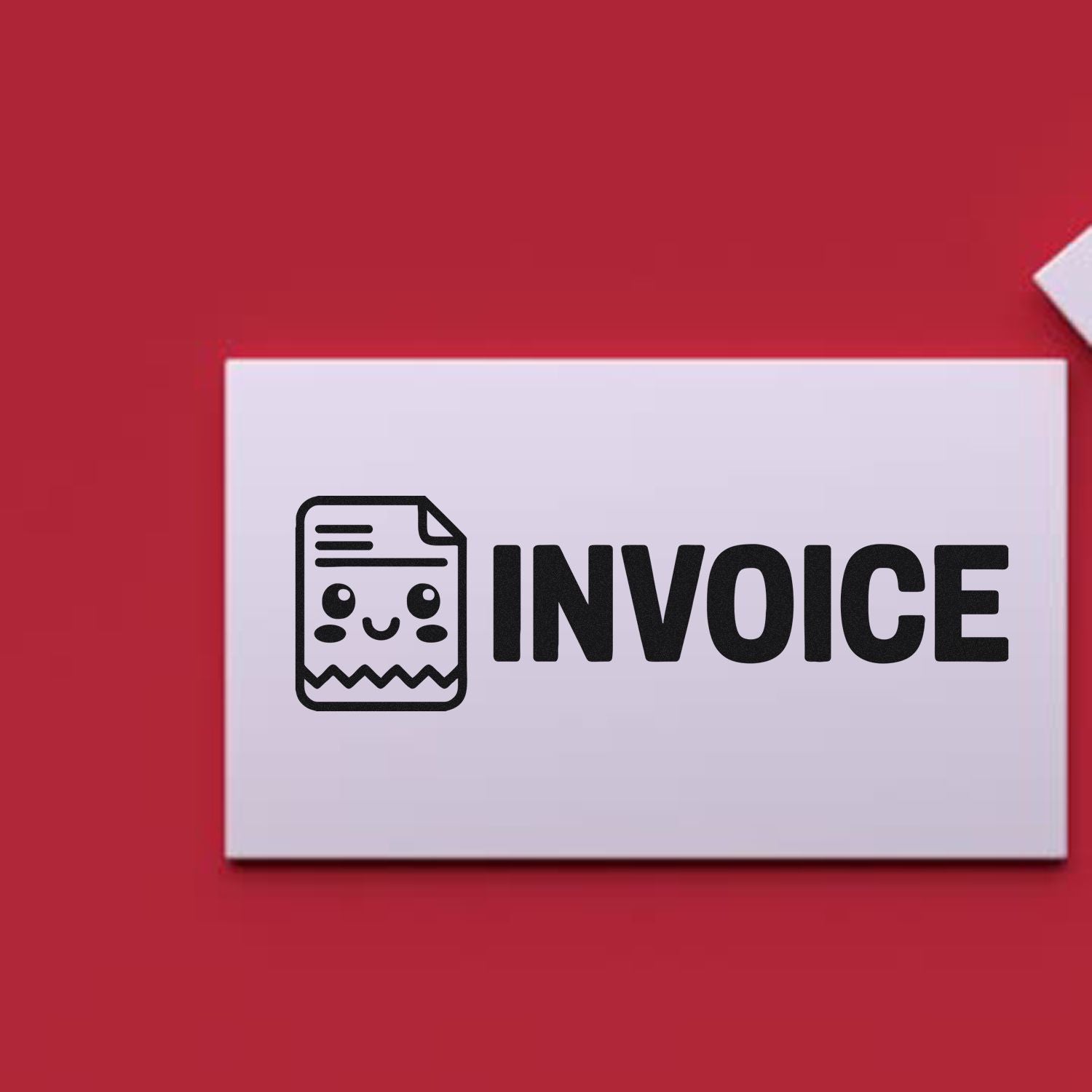 White invoice stamp and seal card with black document icon and bold INVOICE text on red background.