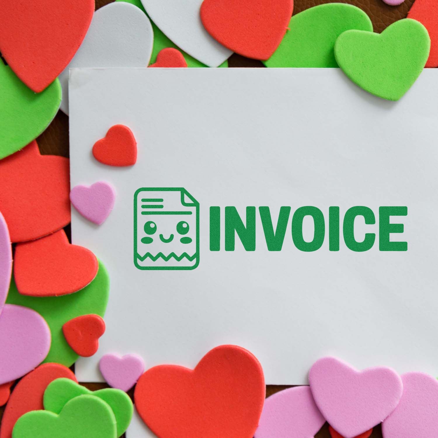 Green invoice stamp on white paper, surrounded by red, pink, and green heart-shaped seal stickers.