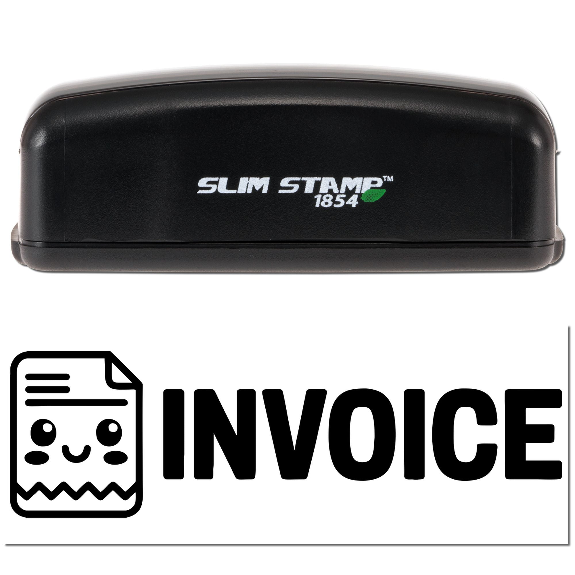 Black Slim Stamp 1854 self-inking stamp with invoice seal icon and bold INVOICE text on white background