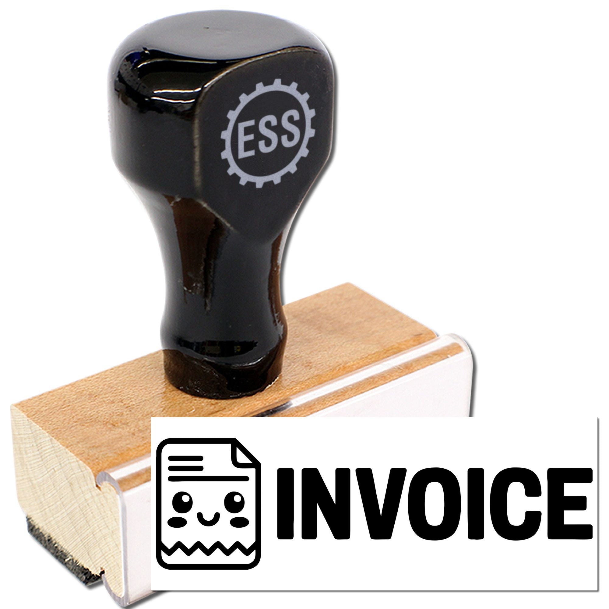 Black rubber stamp with tan wooden seal block, ESS logo, and INVOICE label on white background