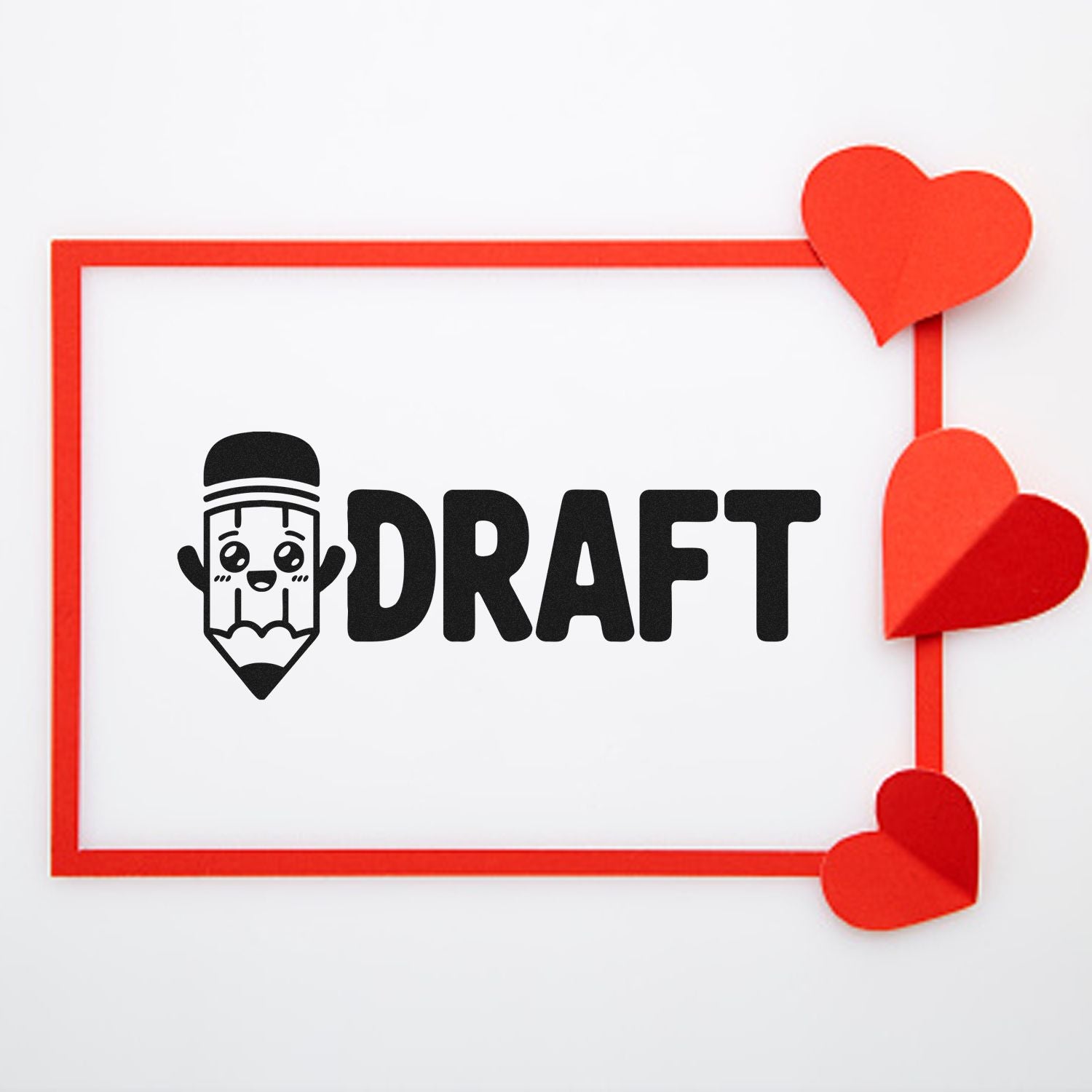 Black DRAFT stamp with pencil icon in a red border, accented by red heart seals on a white background.