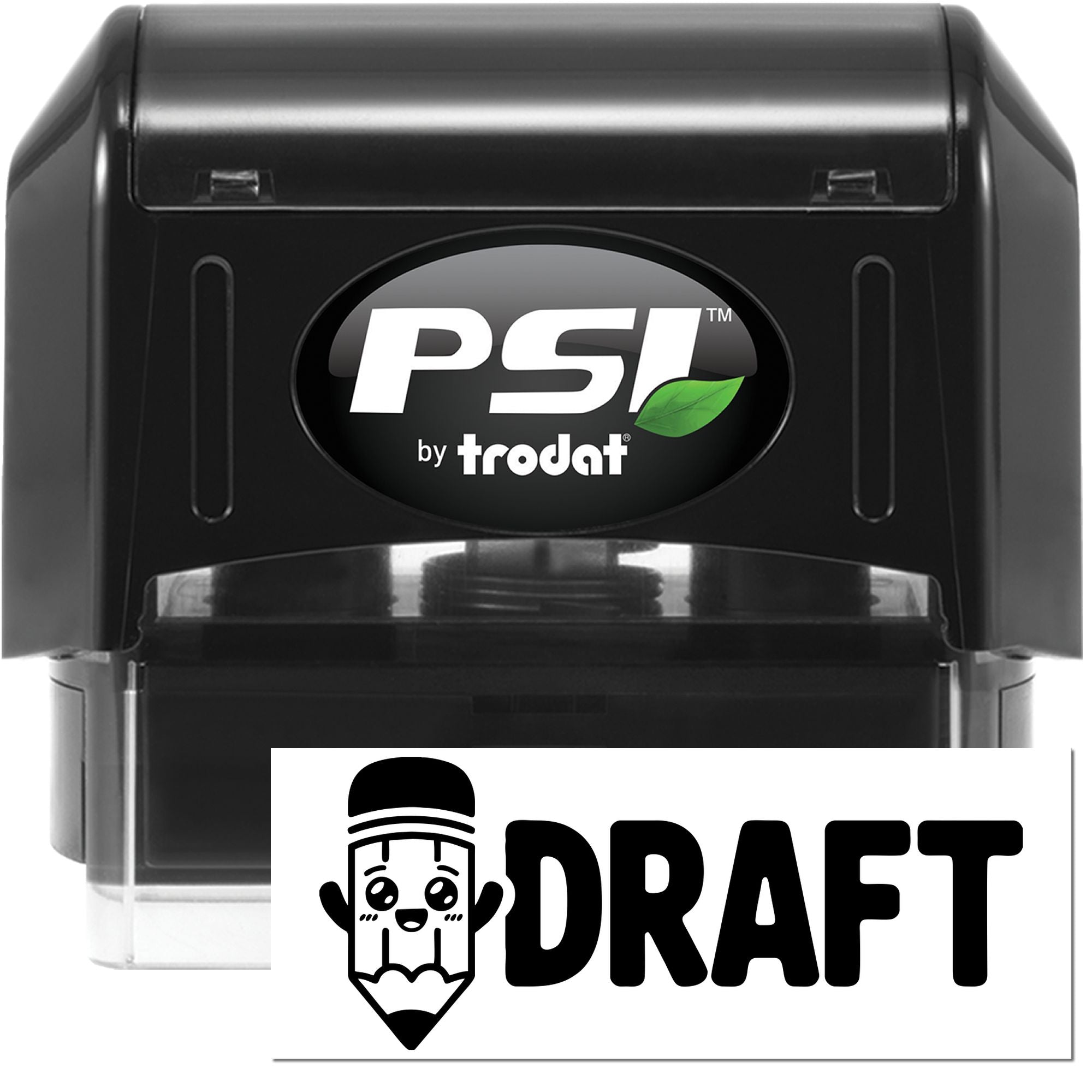 Black PSI by Trodat self-inking stamp and DRAFT seal with green leaf logo on a white background.