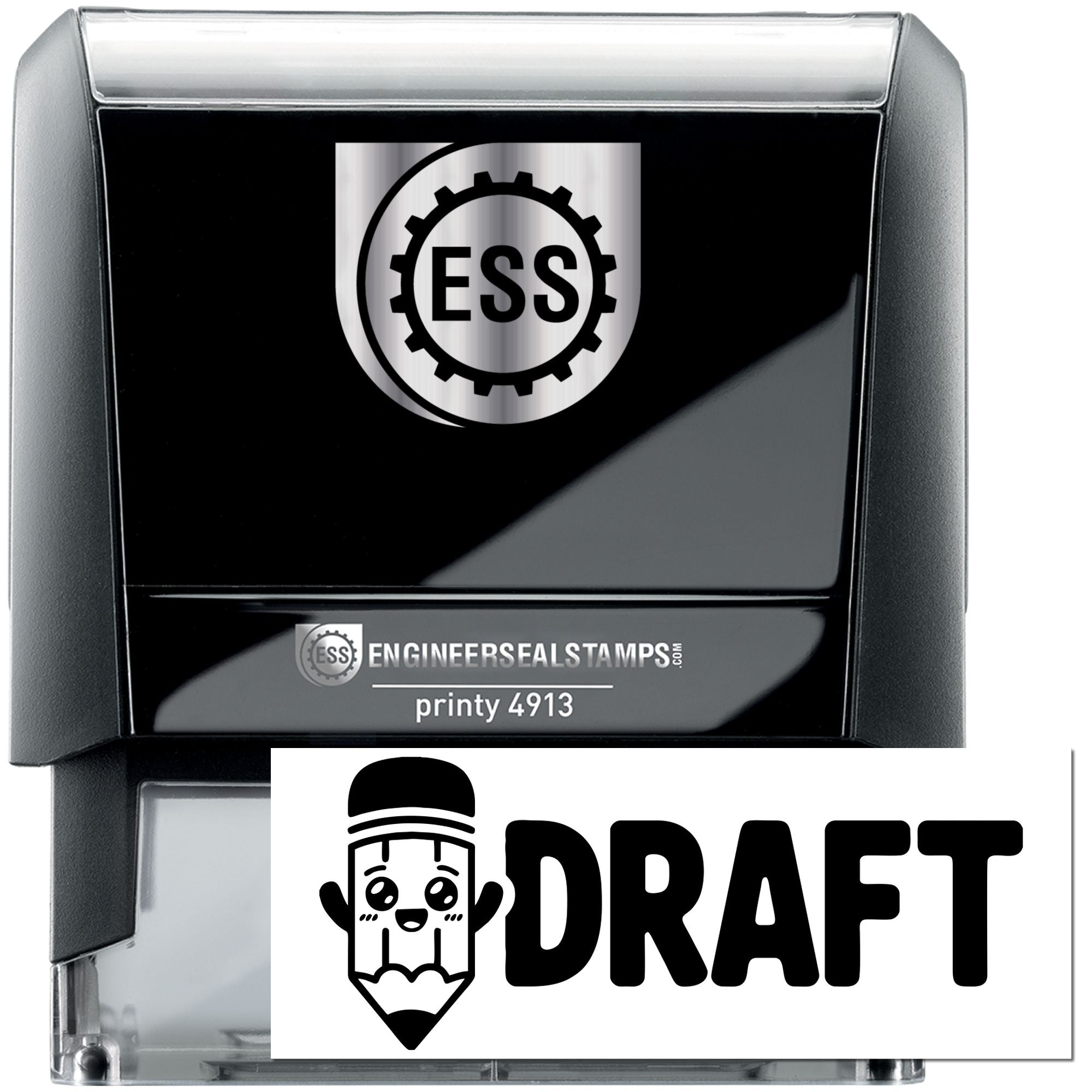 Black ESS self-inking stamp and seal with silver trim, Draft insert, and EngineerSealStamps branding.