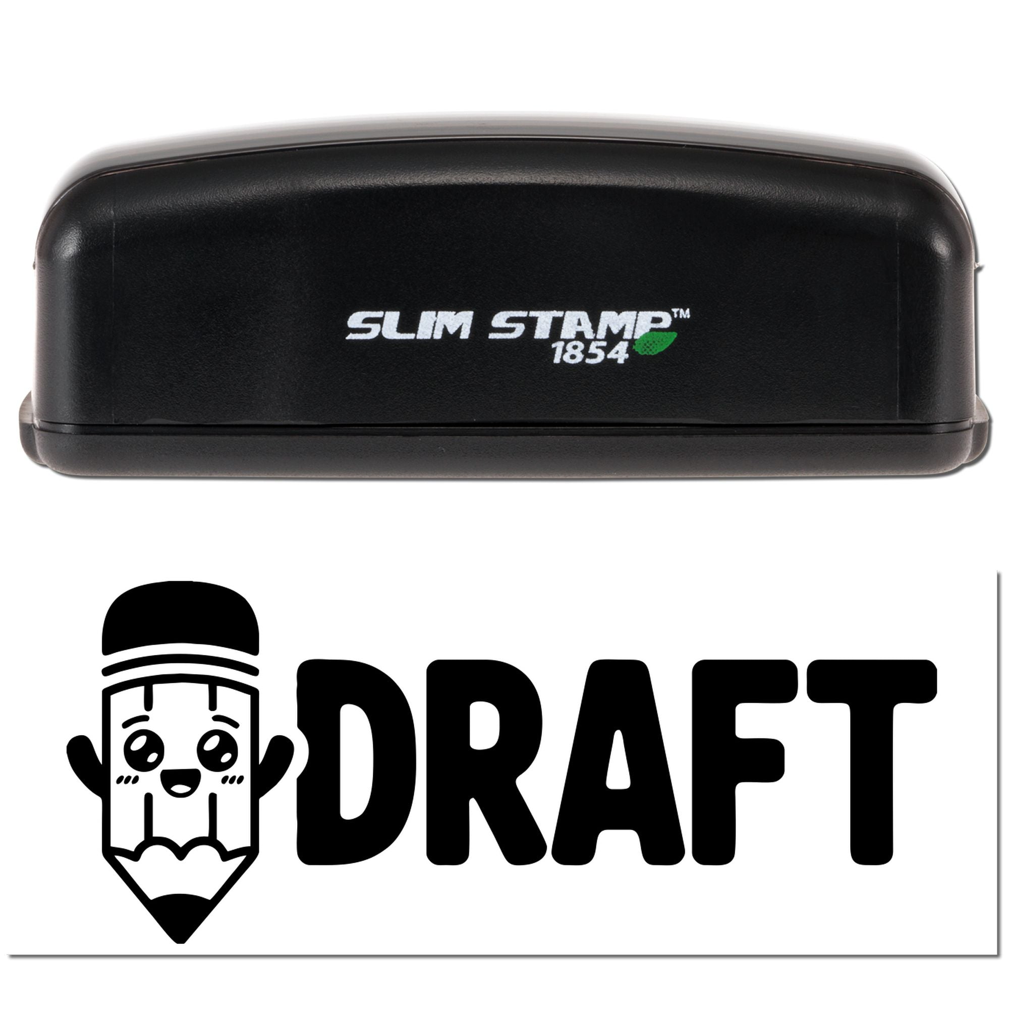 Black Slim Stamp 1854 self-inking stamp and seal case with DRAFT pencil logo on white background.