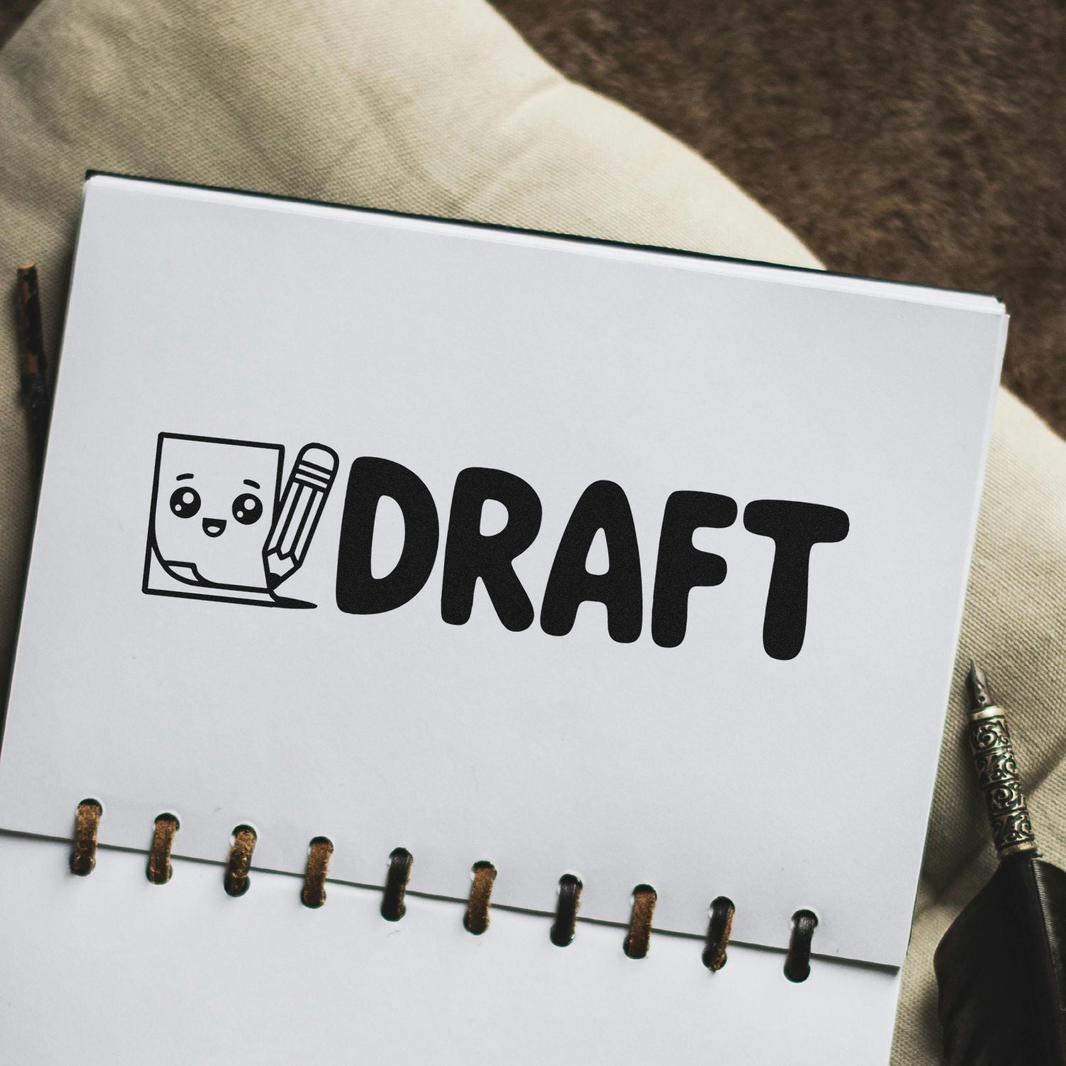 Black draft stamp and seal logo with cute pencil icon on a white bound notebook page, beside a metal seal tool.