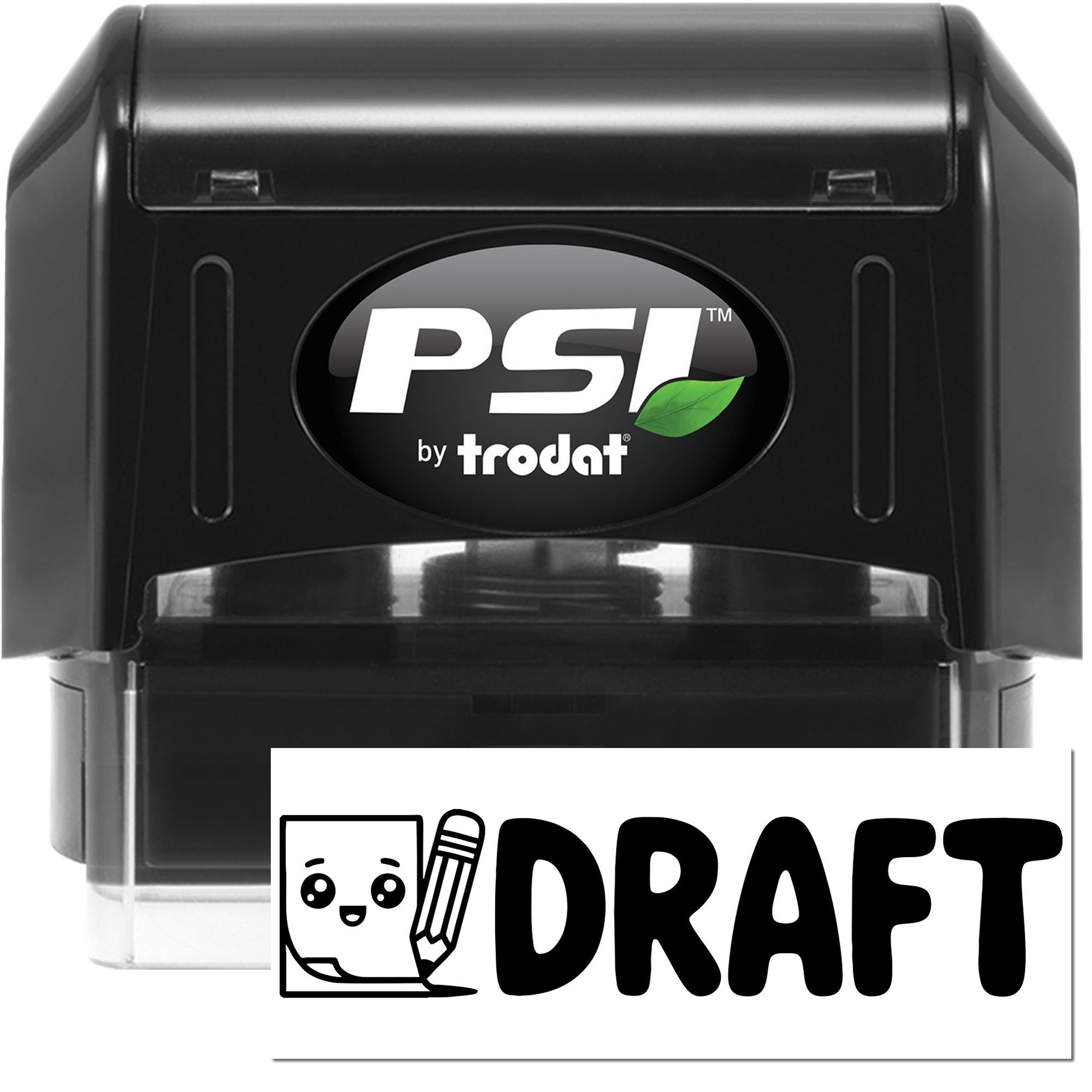 Black PSI by Trodat self-inking stamp and seal, black casing with green leaf logo and Draft card on white background