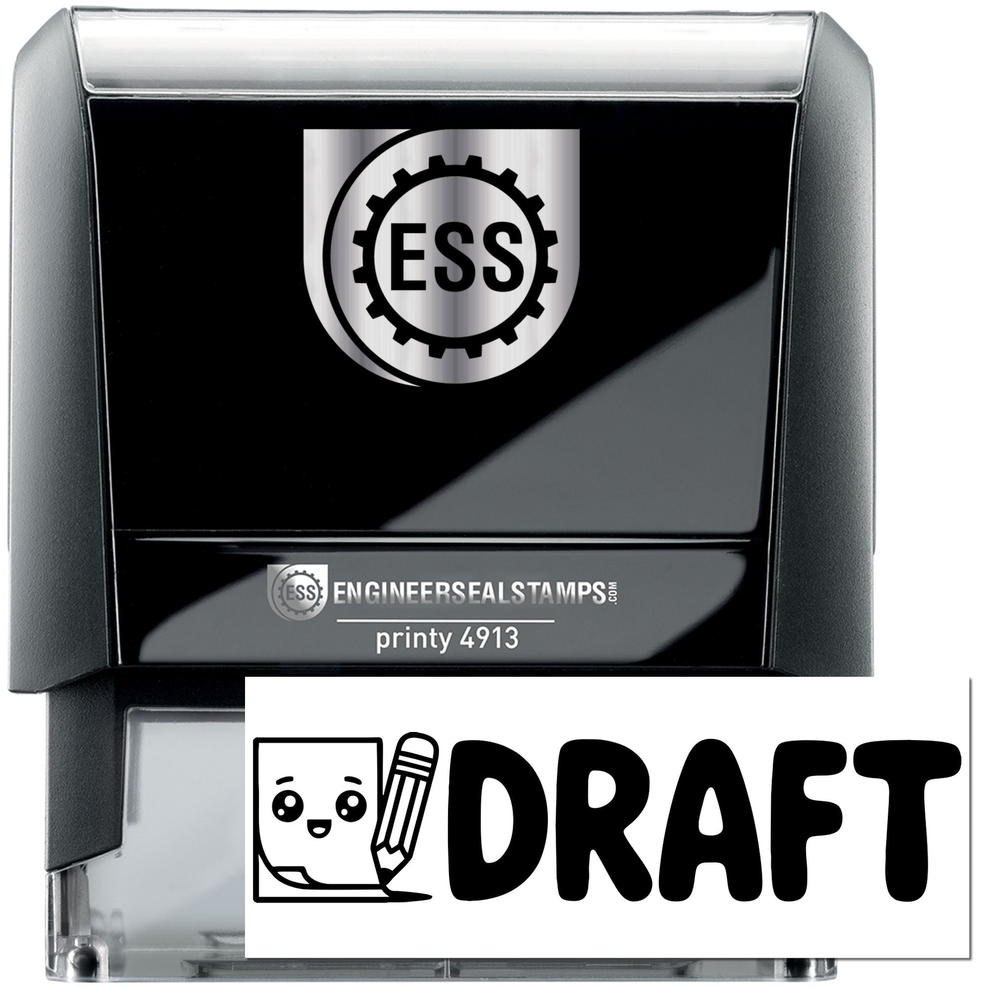 Black self-inking engineering seal stamp with ESS logo, DRAFT text, and silver-gray casing.
