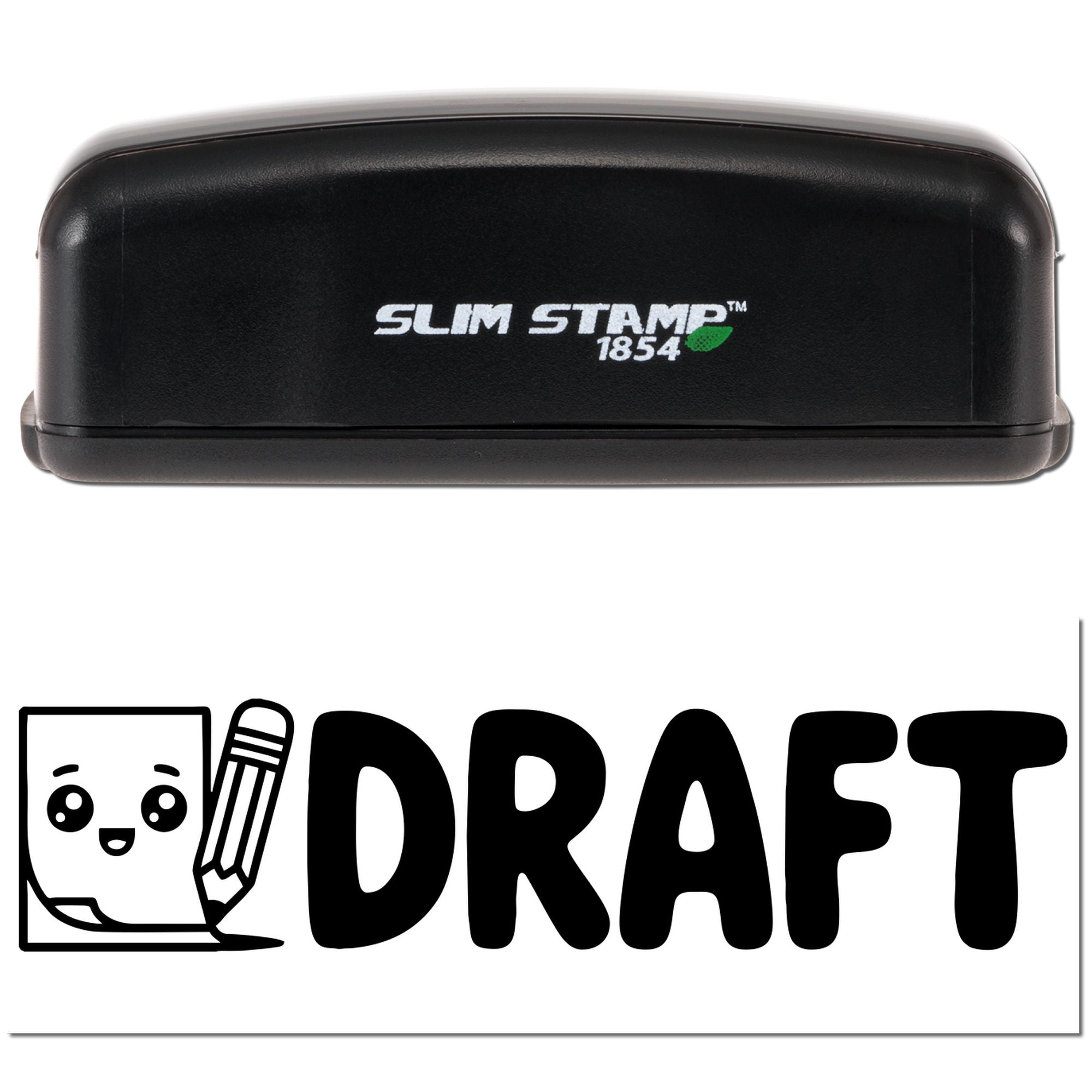 Black Slim Stamp 1854 stamp and seal kit with DRAFT logo and pencil icon on a white background