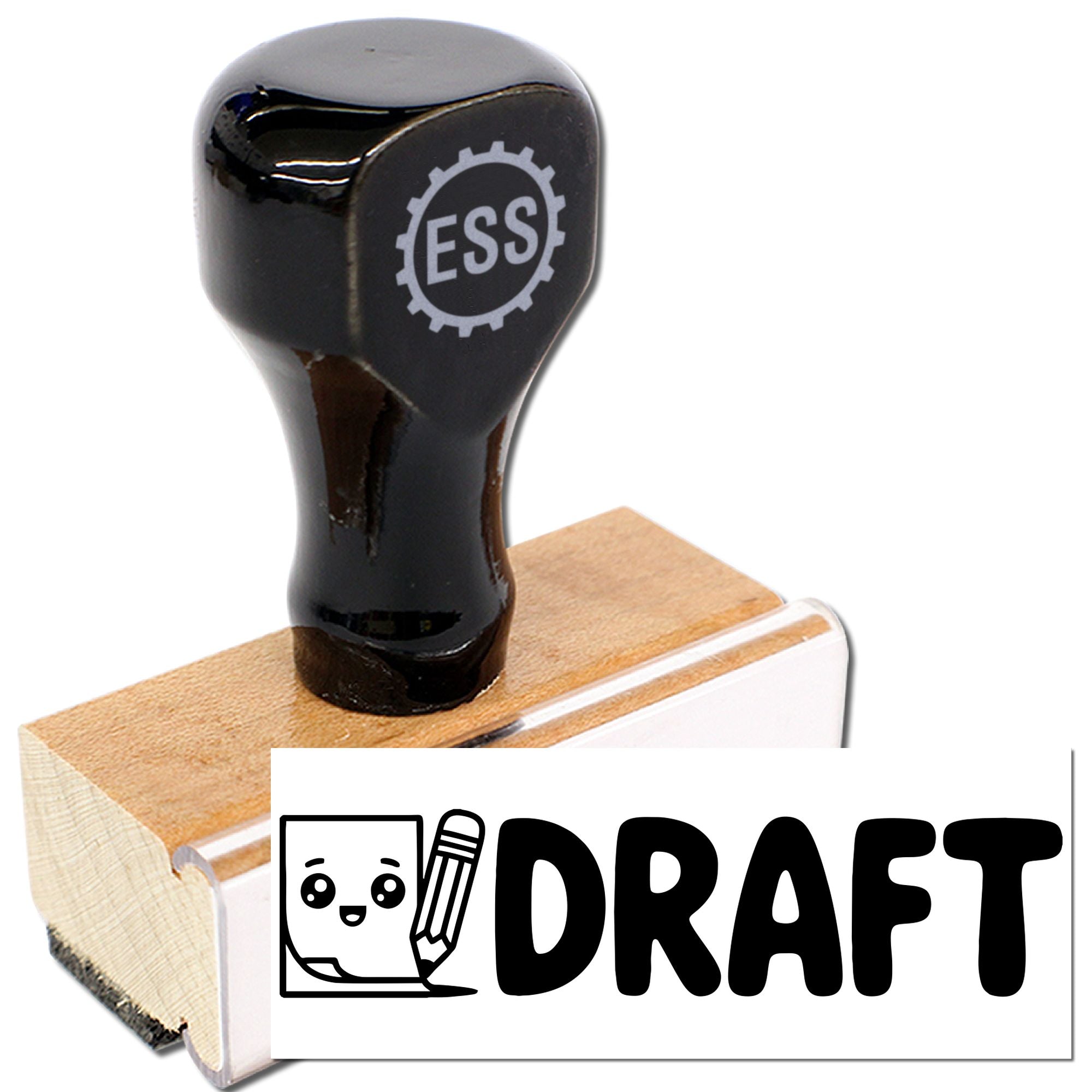 Black ESS rubber stamp on a wooden block with DRAFT marking, a black and tan seal product for office use.