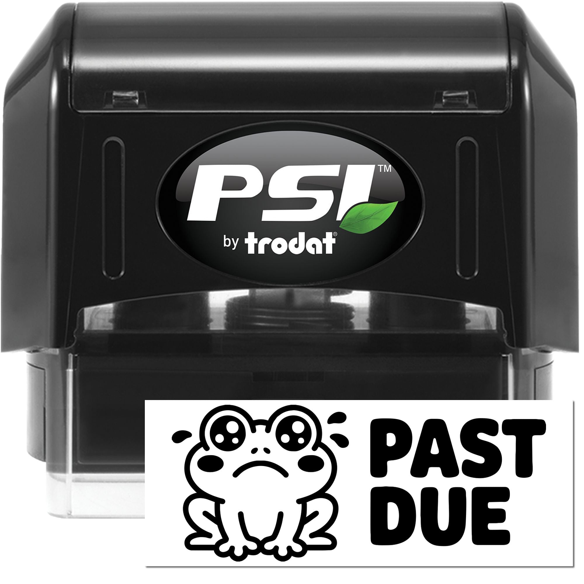 Black PSI by Trodat self-inking stamp and seal with white PAST DUE frog graphic