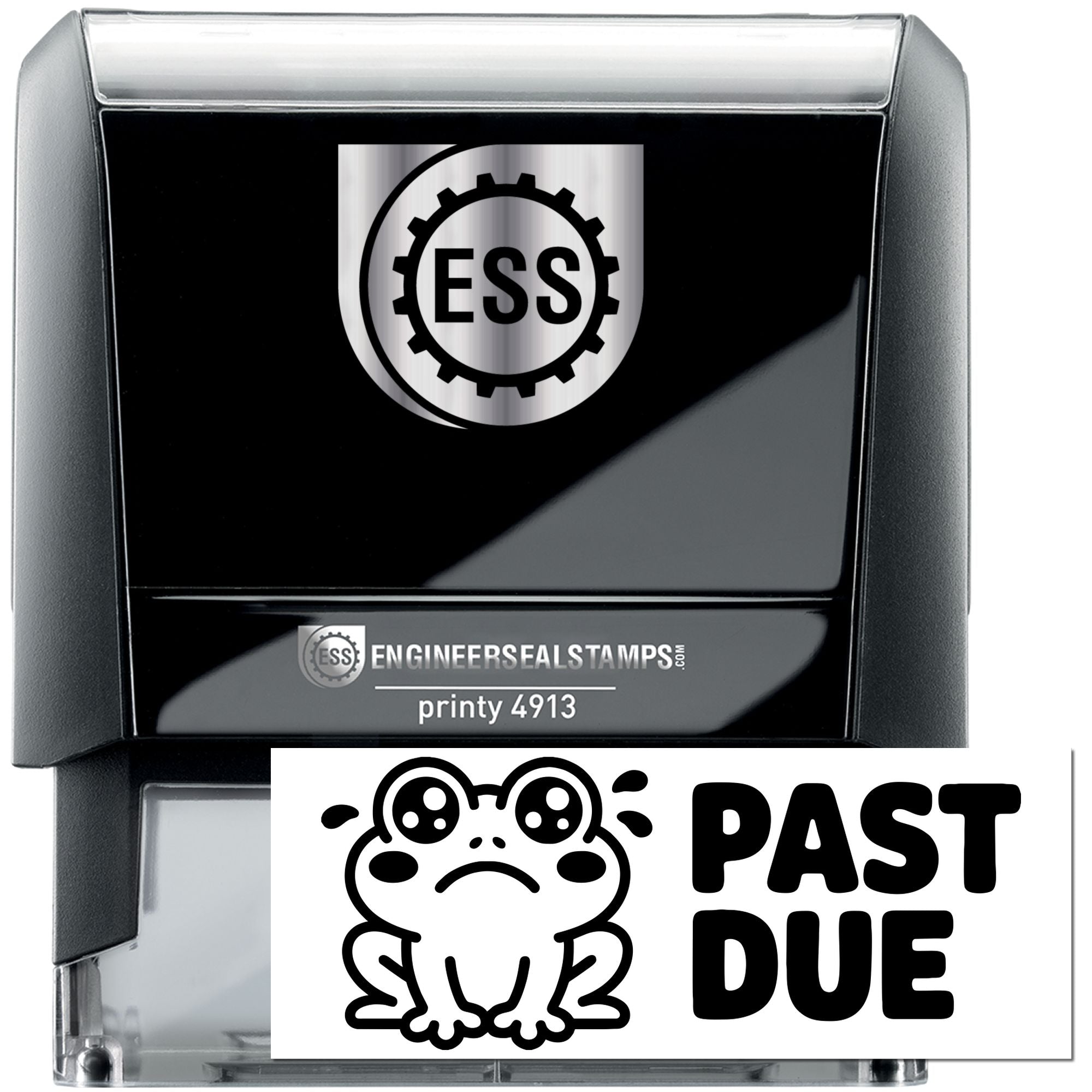 Black self-inking engineer seal stamp with silver top, ESS logo, and PAST DUE frog graphic insert.