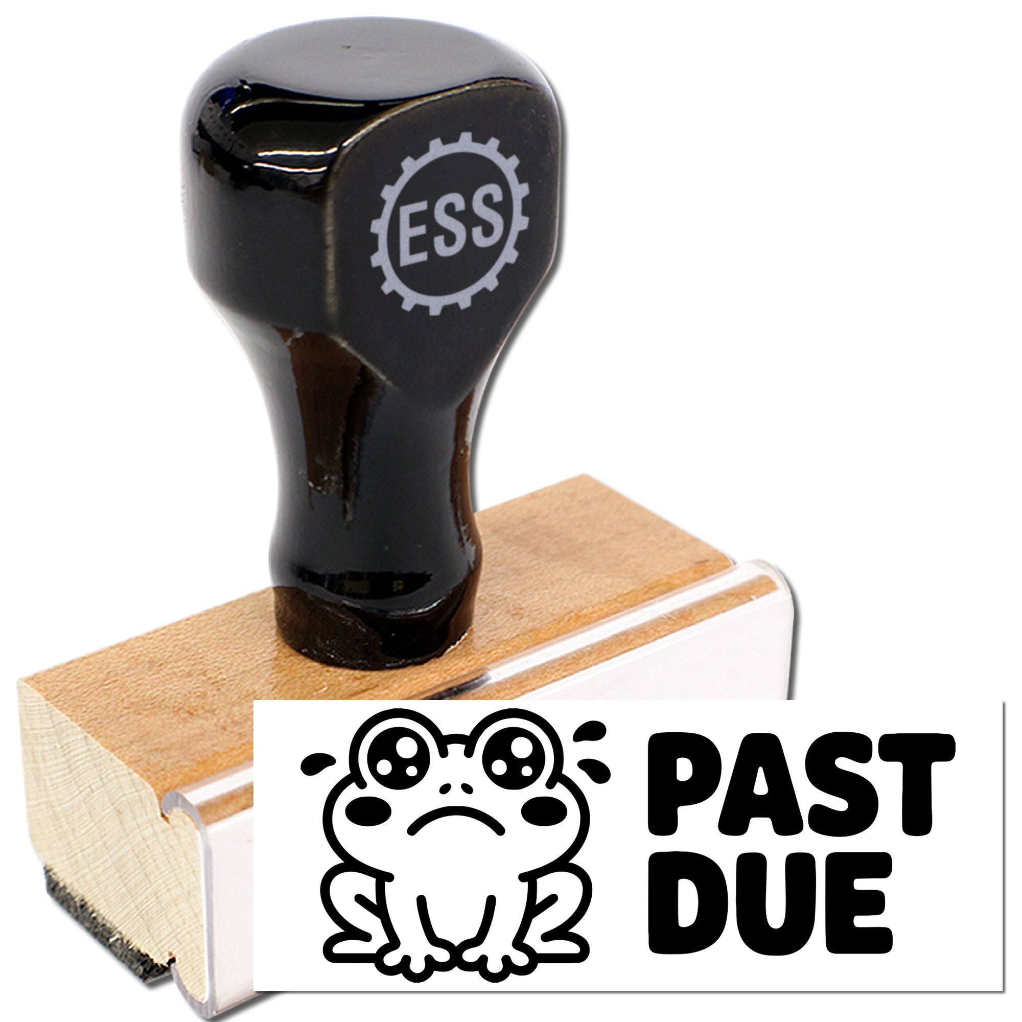 Black ESS rubber stamp on wooden base with PAST DUE frog seal design and bold black text.